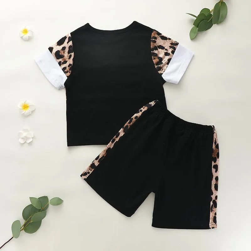 2pcs Fashion Leopard Color-block T-shirt and Pants