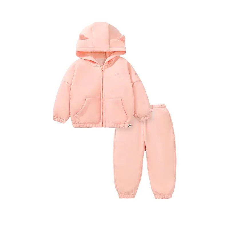 3D Ear Design Pink Zip-up Hooded Jacket with Pants Set