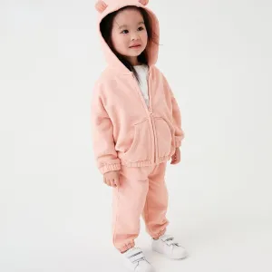 3D Ear Design Pink Zip-up Hooded Jacket with Pants Set