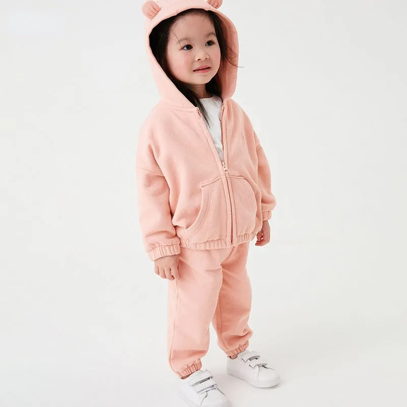 3D Ear Design Pink Zip-up Hooded Jacket with Pants Set