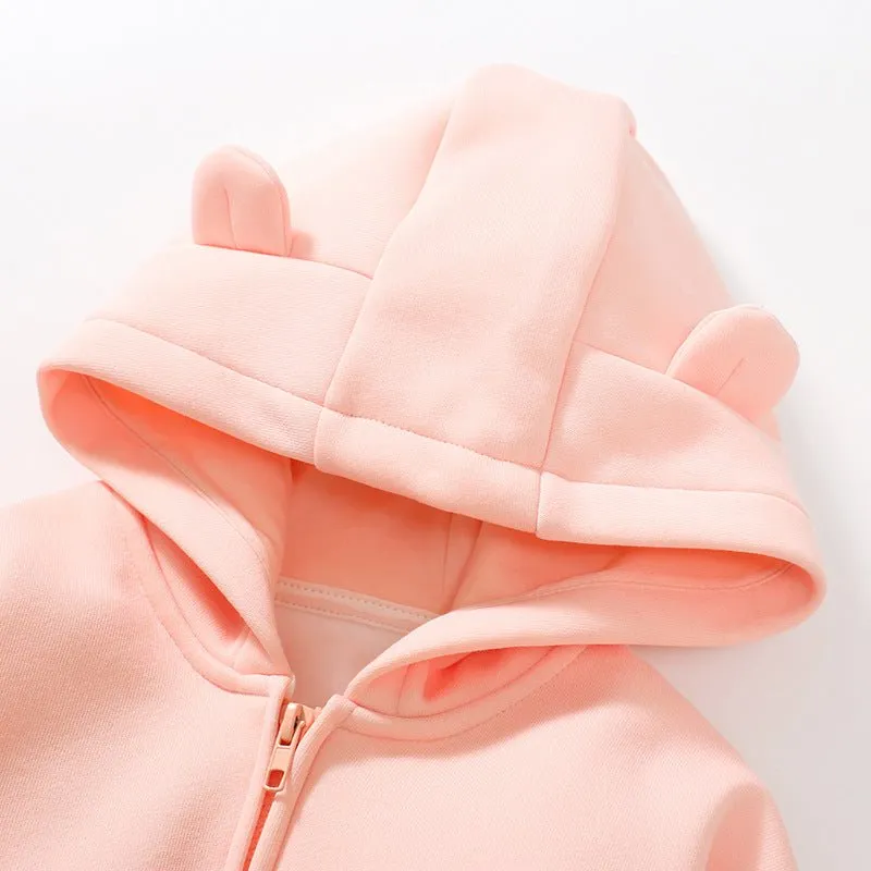 3D Ear Design Pink Zip-up Hooded Jacket with Pants Set