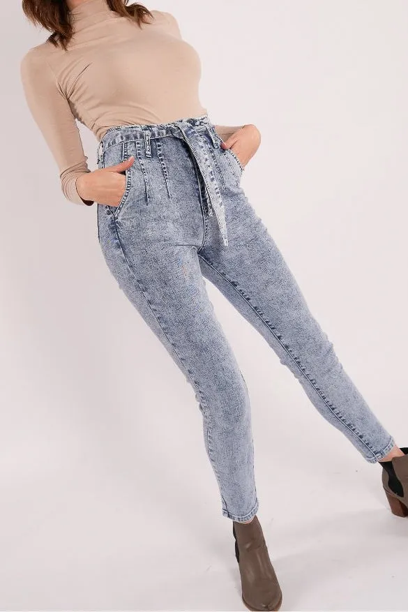 Acid Wash Tie Waist Denims