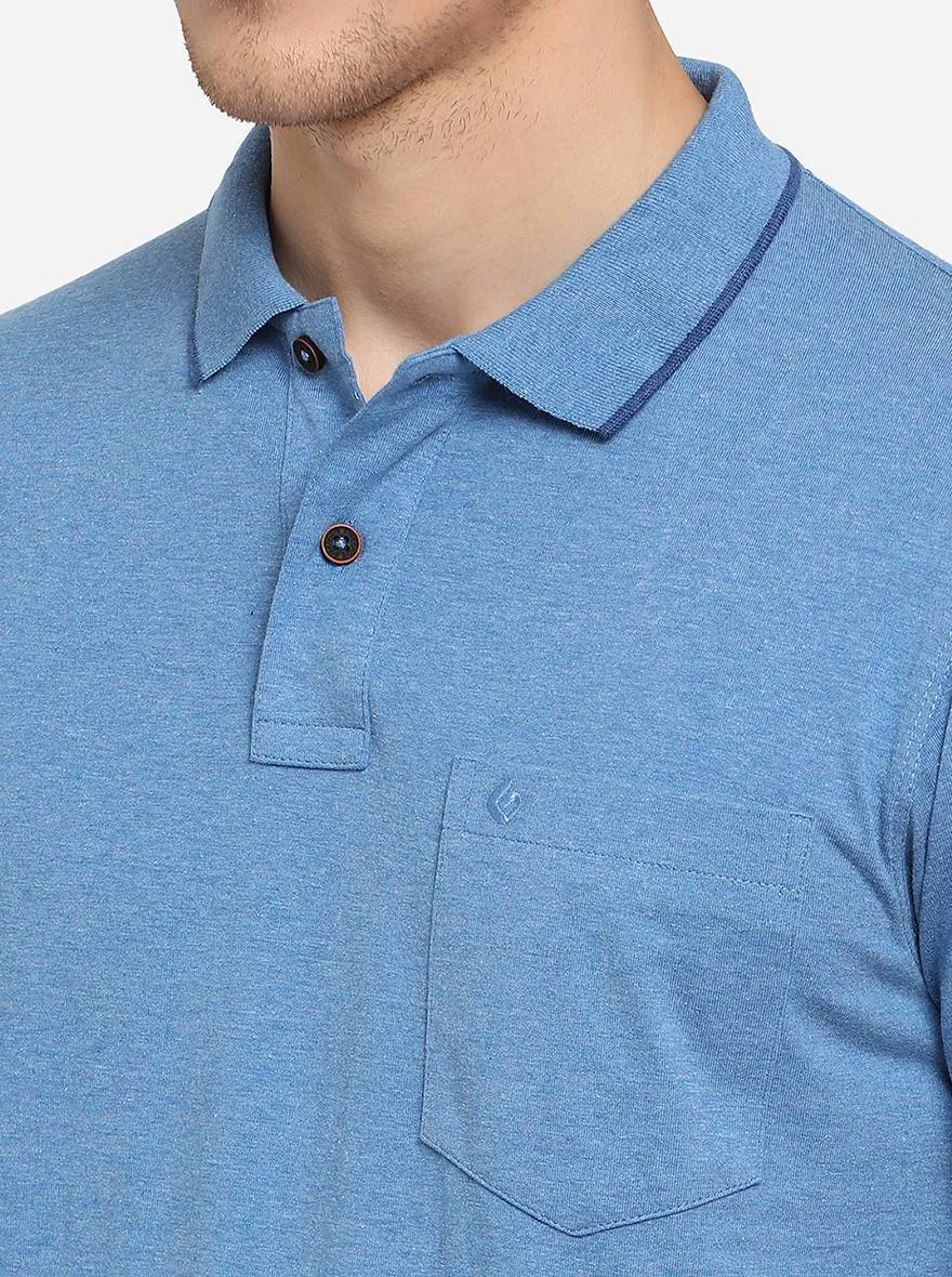 Azure Blue Solid Slim Fit Polo T-Shirt | Greenfibre