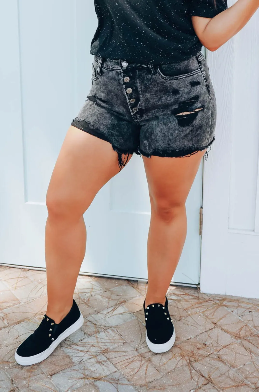 Bain Distressed Black Denim Shorts