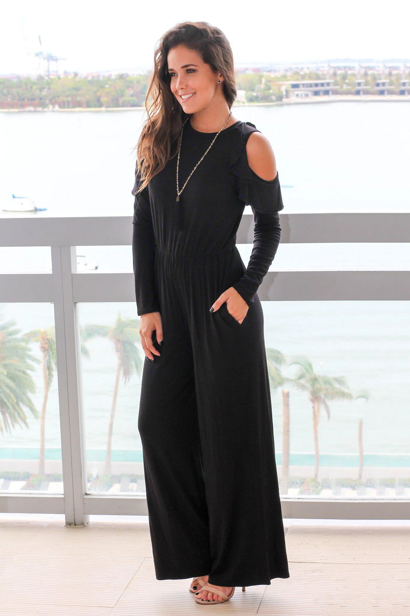 Black Cold Shoulder Jumpsuit with Ruffle Detail