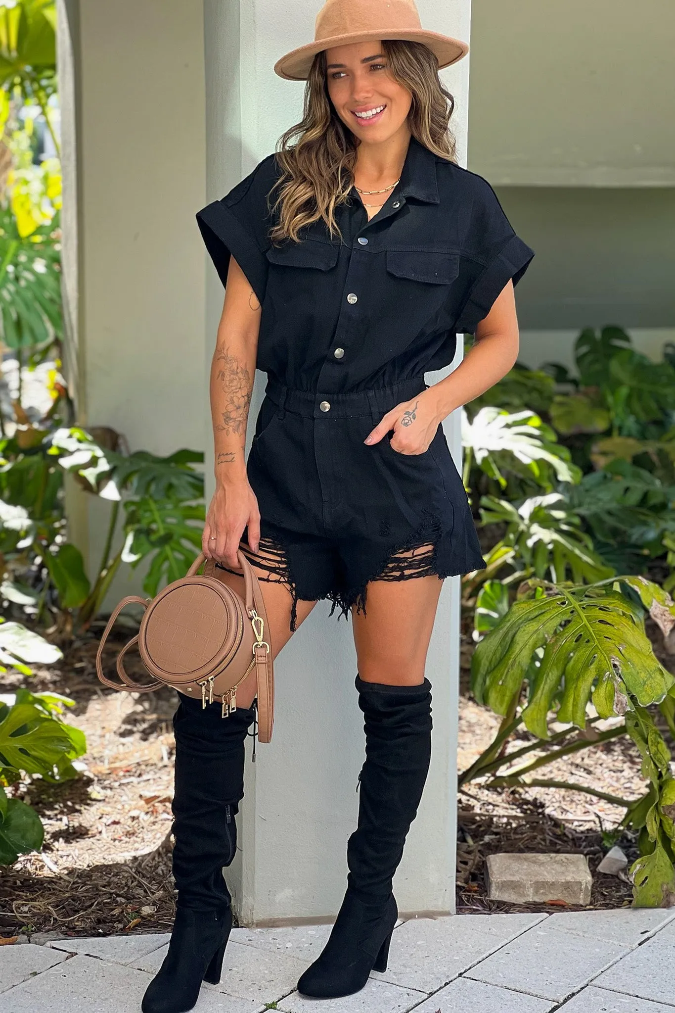 Black Distressed Hem Denim Romper