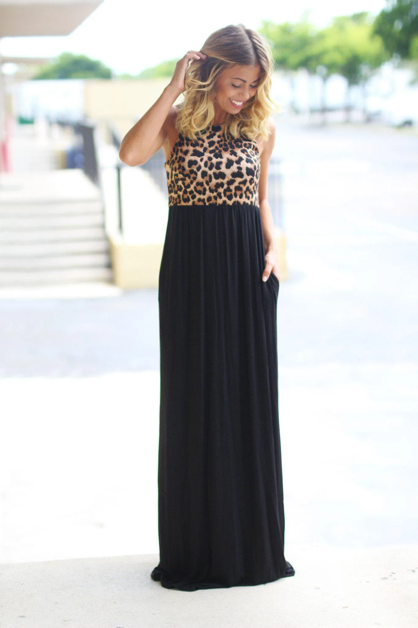 Black Leopard Maxi Dress With Pockets