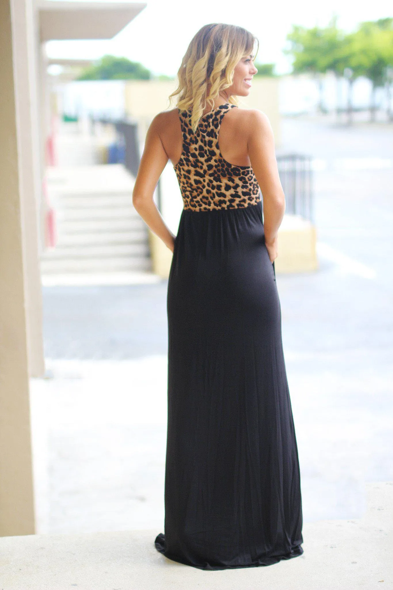 Black Leopard Maxi Dress With Pockets