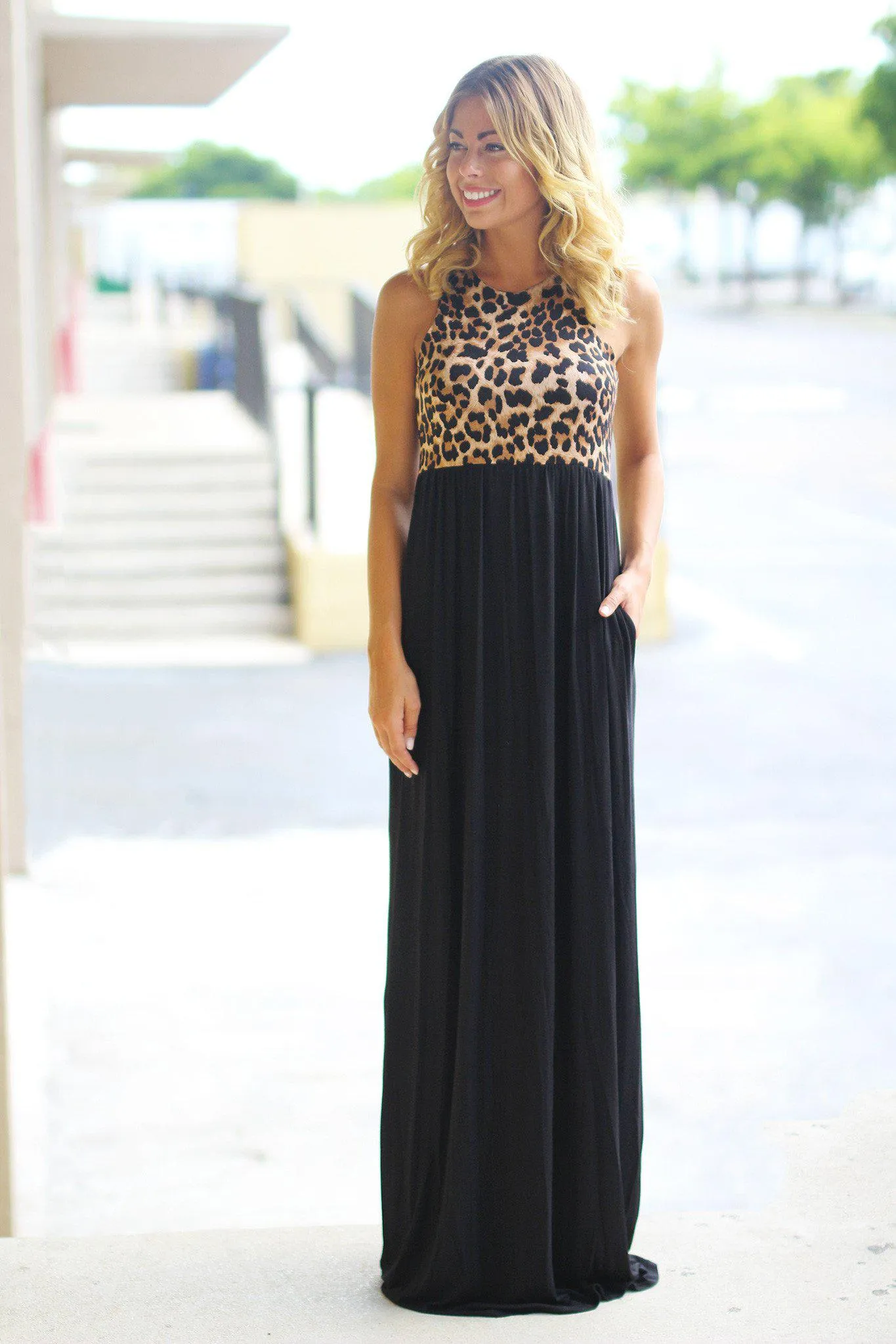 Black Leopard Maxi Dress With Pockets