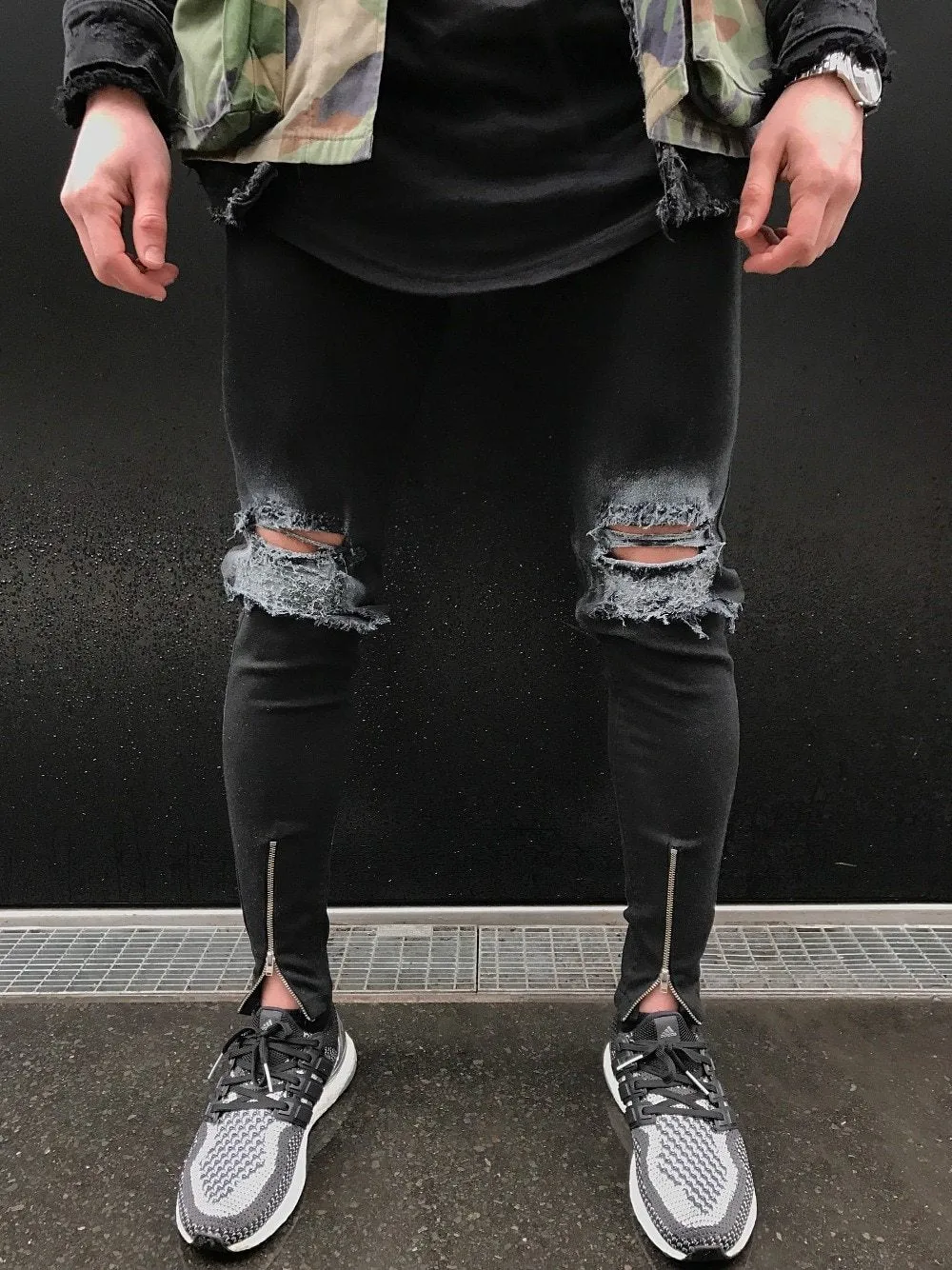 Black Skinny Faded Ripped Ankle Zipper Jeans