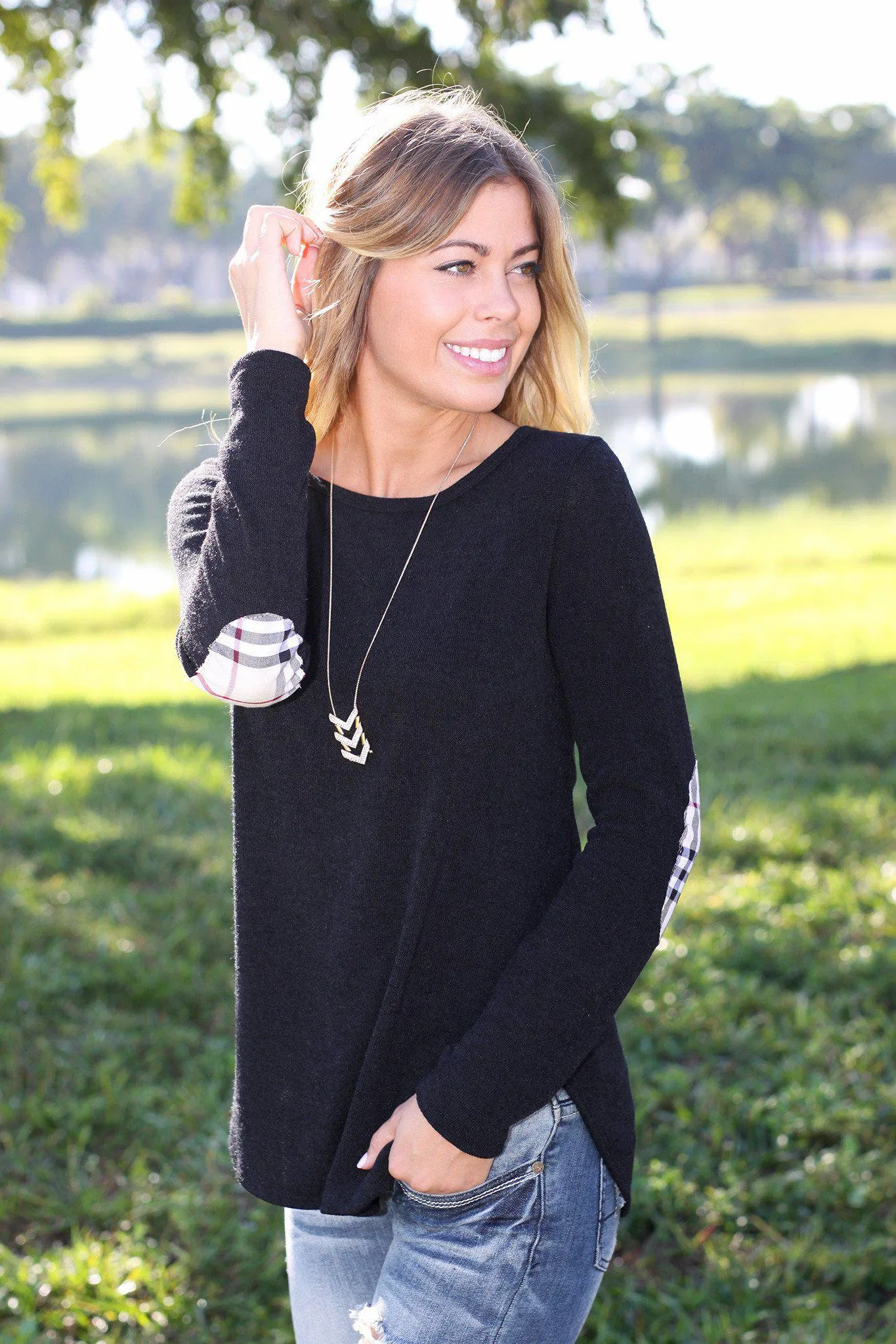 Black Sweater Top with Plaid Elbow Patches