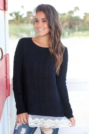 Black Sweater with Lace Trim