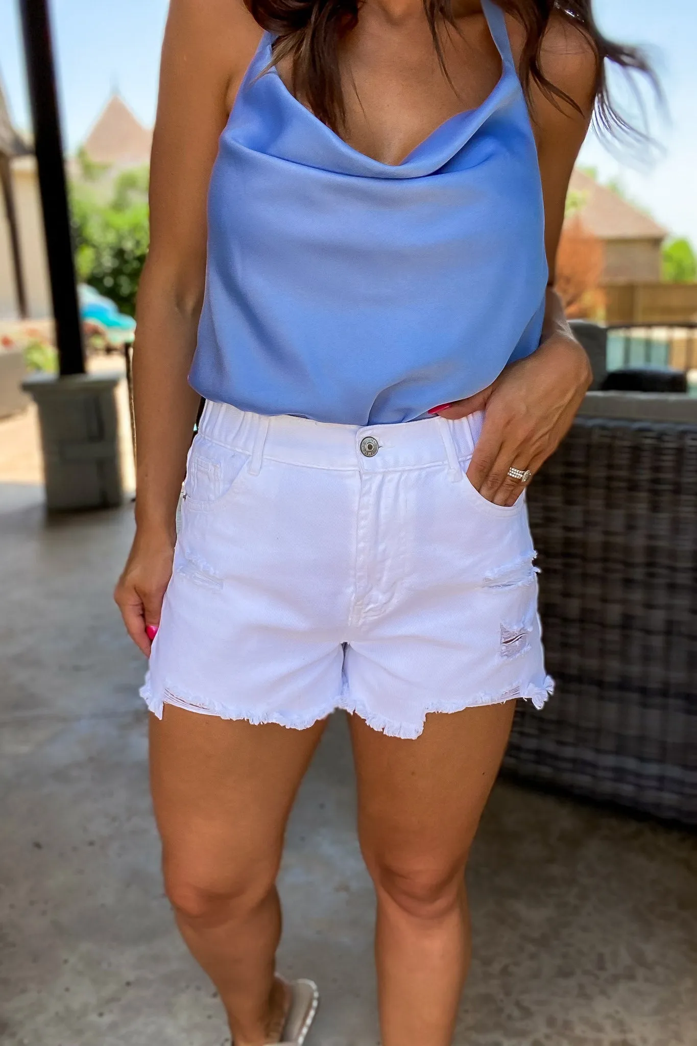 Bold Basics Distressed White Denim Shorts