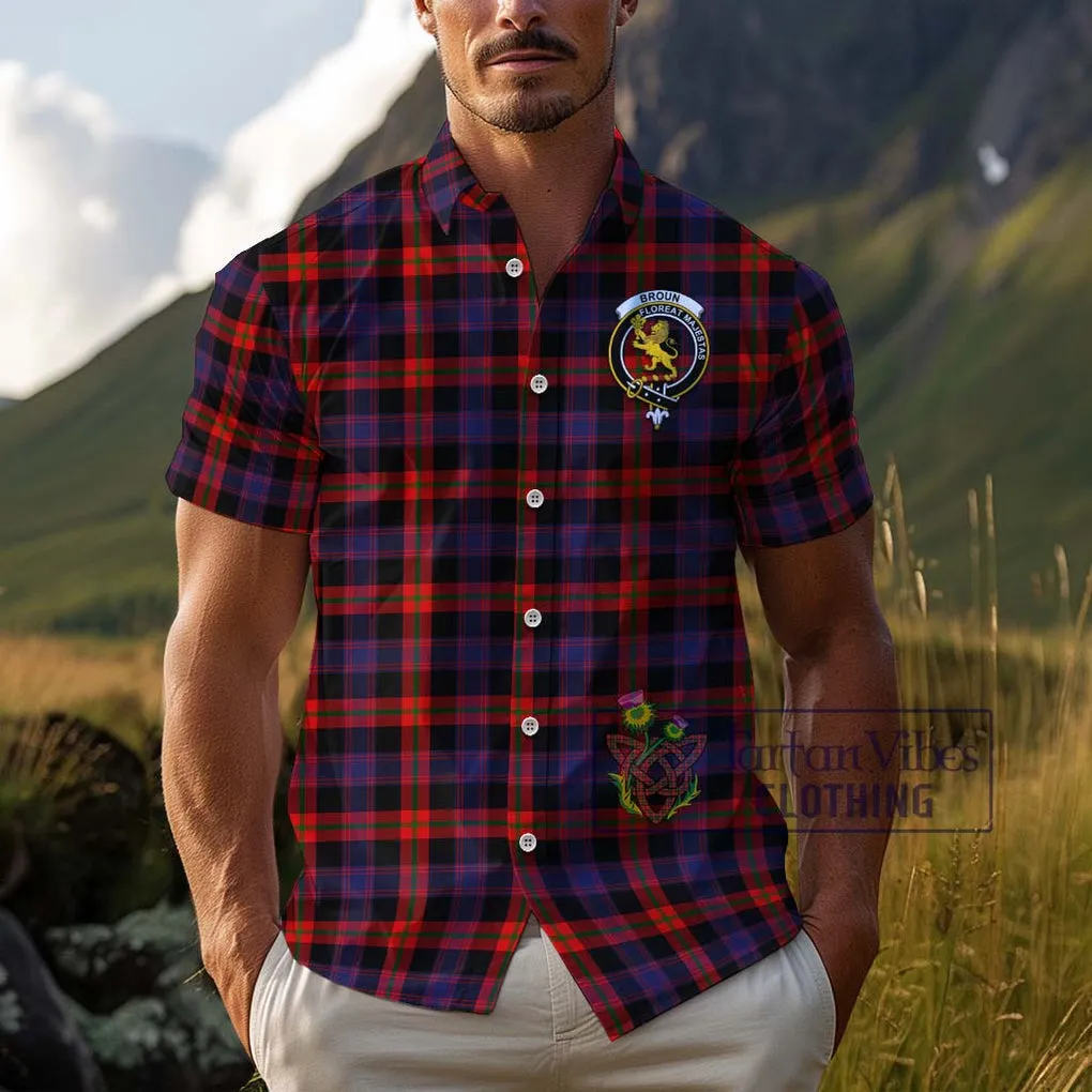 Broun Modern Tartan Cotton Hawaiian Shirt with Family Crest