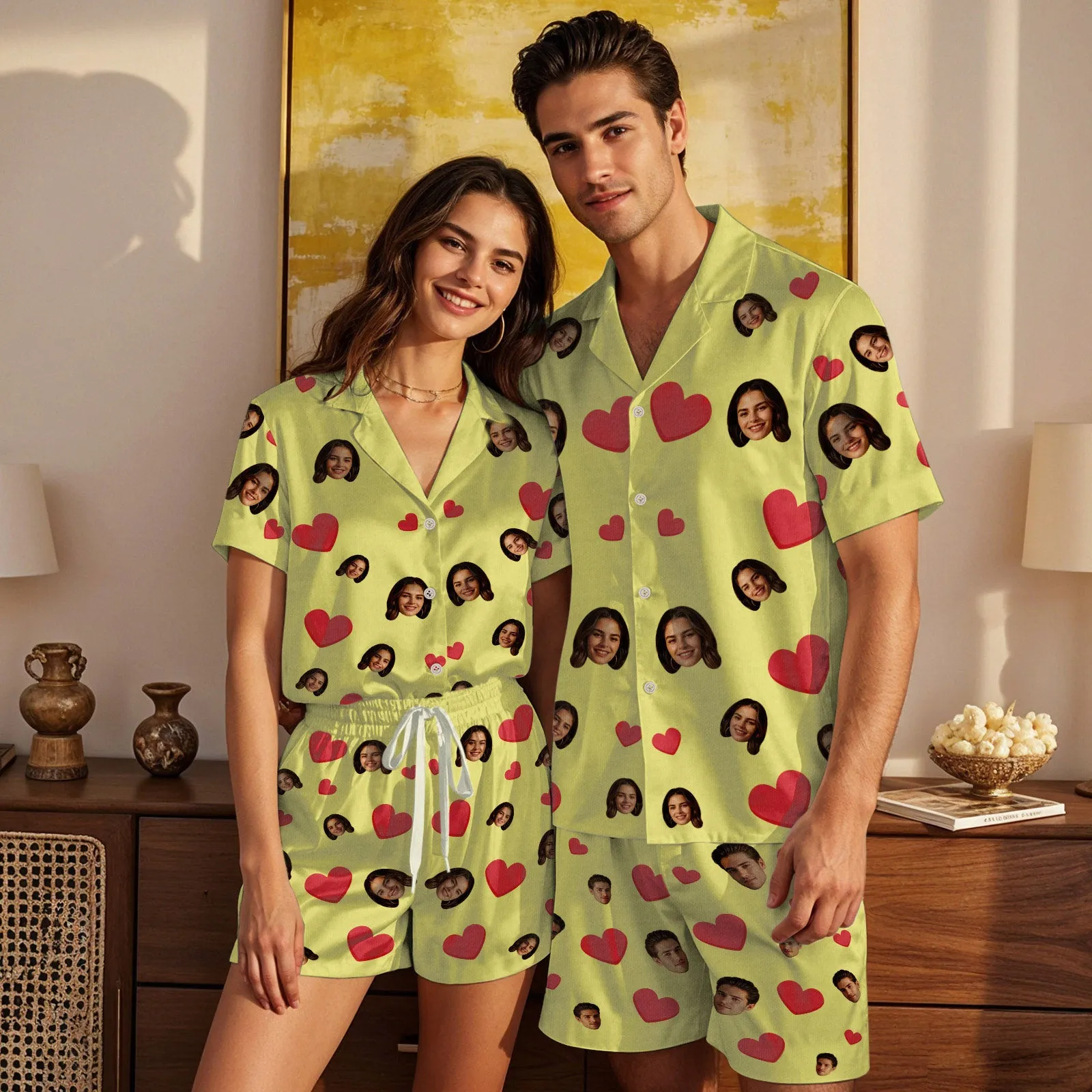 Custom Face Short Sleeve Pajamas Custom Red Heart Photo Pajamas