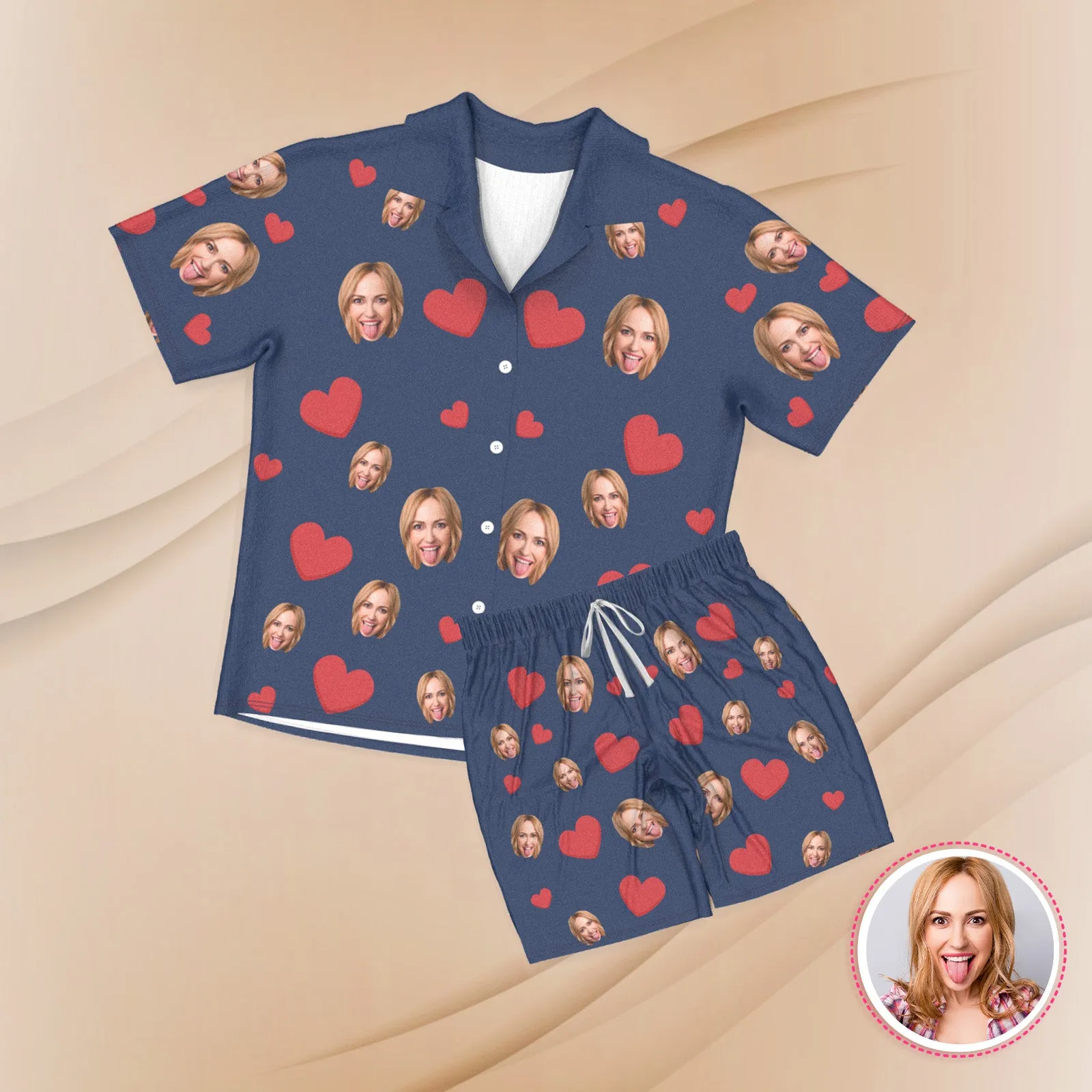 Custom Face Short Sleeve Pajamas Custom Red Heart Photo Pajamas