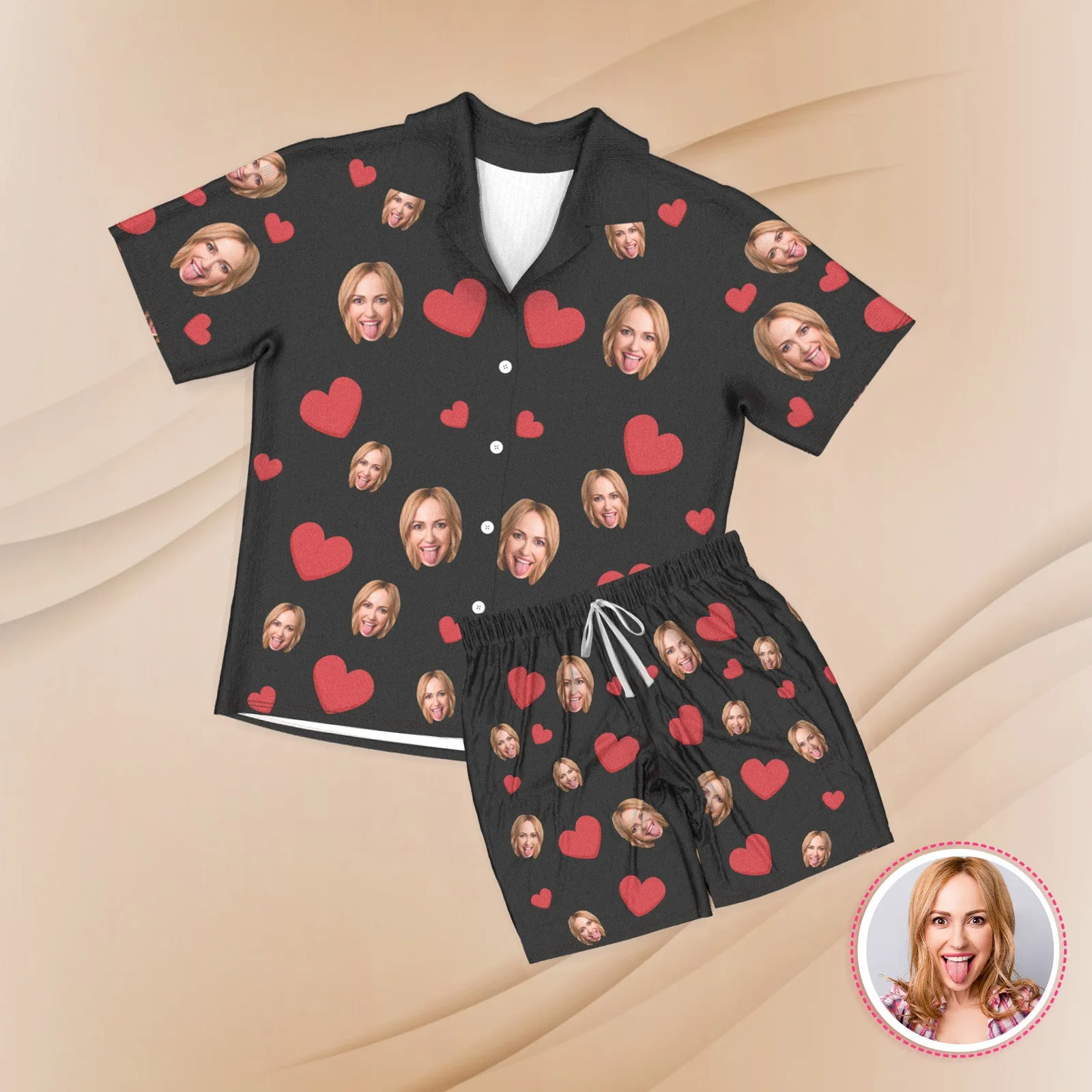 Custom Face Short Sleeve Pajamas Custom Red Heart Photo Pajamas