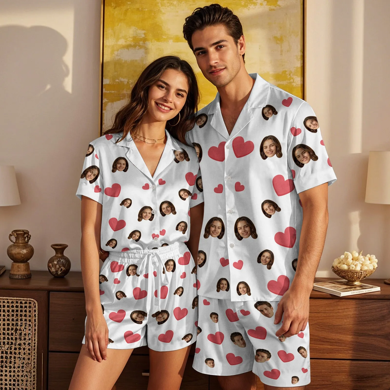 Custom Face Short Sleeve Pajamas Custom Red Heart Photo Pajamas