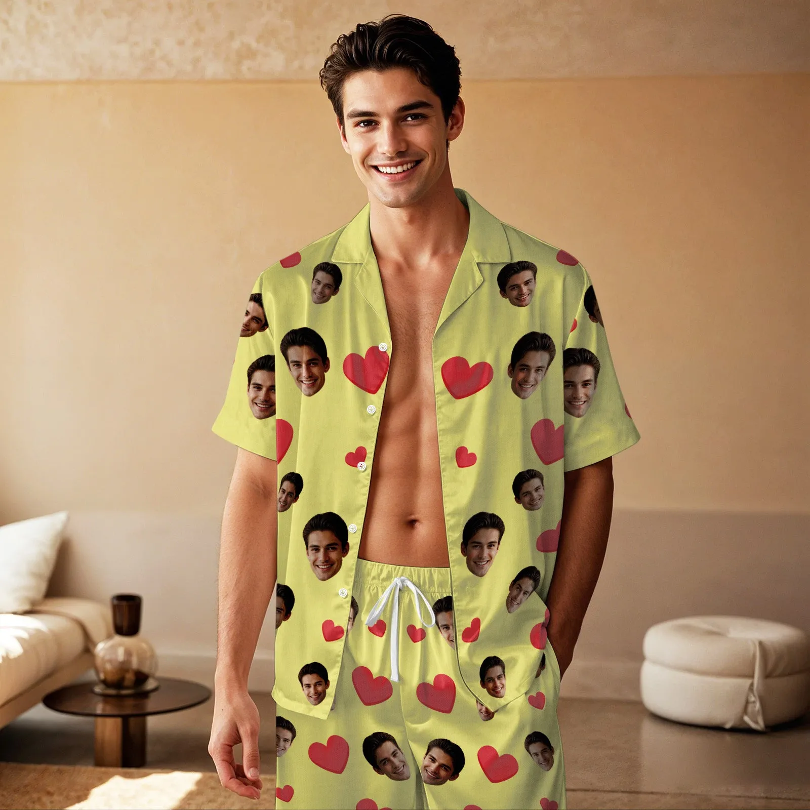 Custom Face Short Sleeve Pajamas Custom Red Heart Photo Pajamas