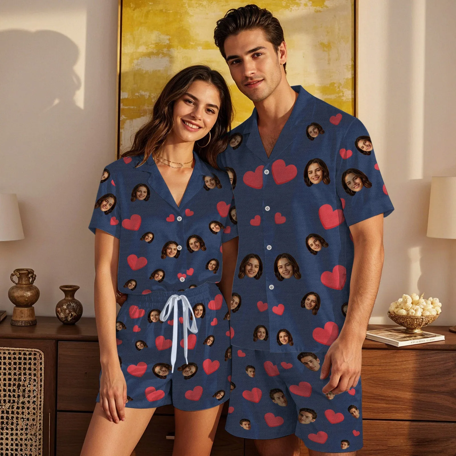 Custom Face Short Sleeve Pajamas Custom Red Heart Photo Pajamas