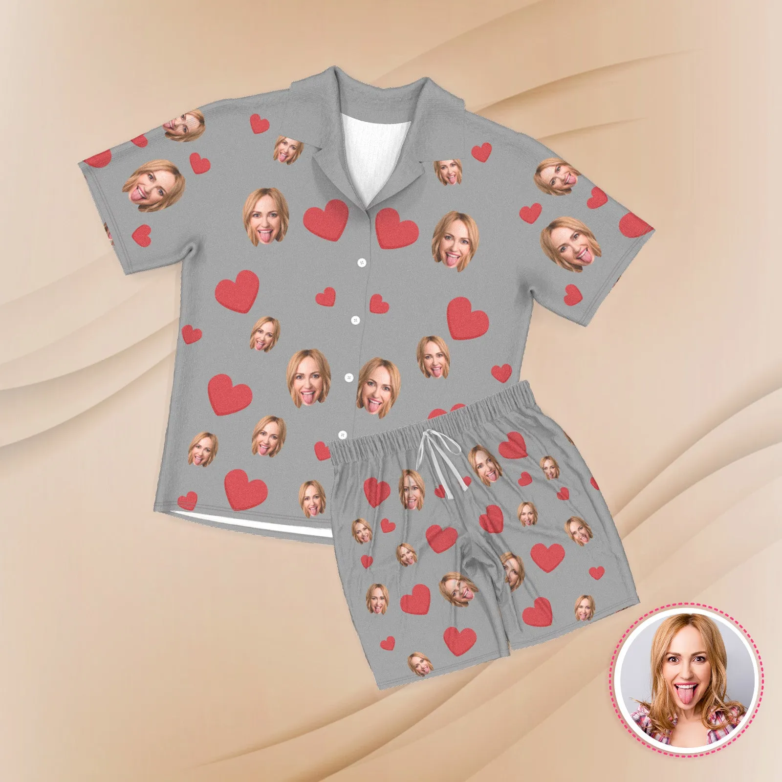 Custom Face Short Sleeve Pajamas Custom Red Heart Photo Pajamas