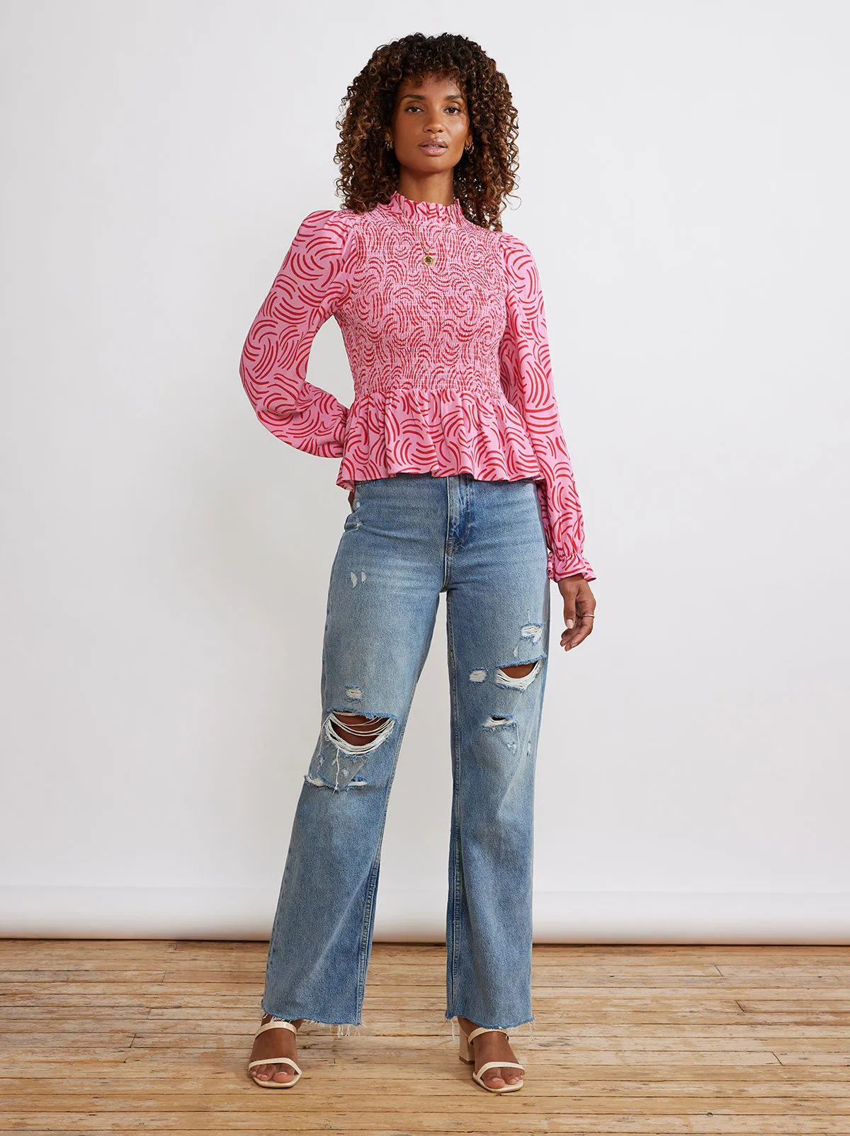 Darcie Pink Geo Shirred Top