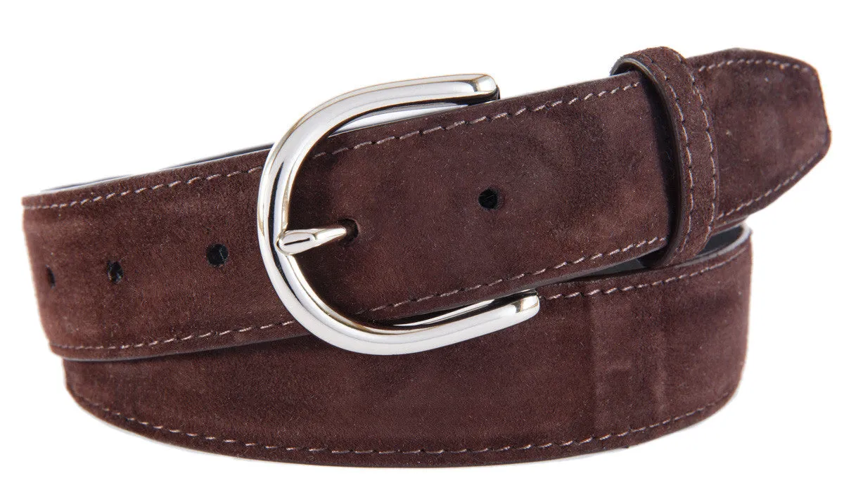 Dark Brown Suede Belt, Soho Buckle (Shiny Silver)