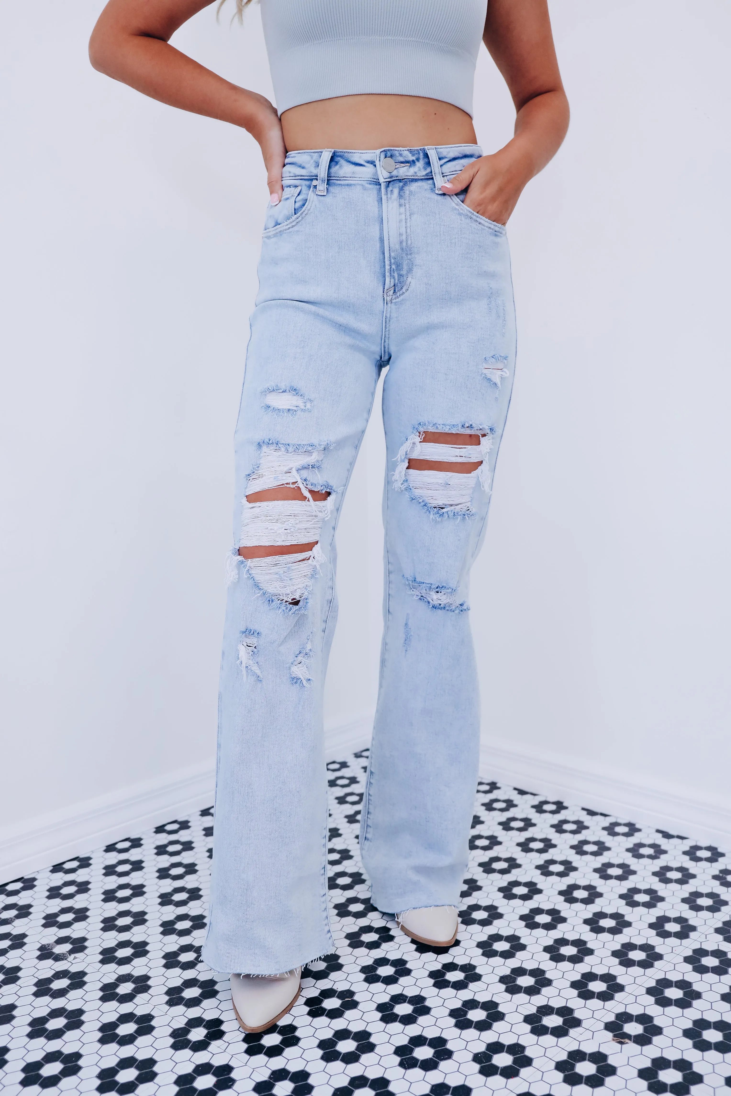 Dixie Destroyed Wide Leg Jean - Light Wash