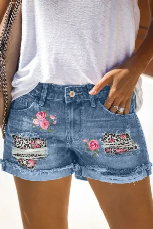 Floral Leopard Print Patchwork Distressed Denim Shorts