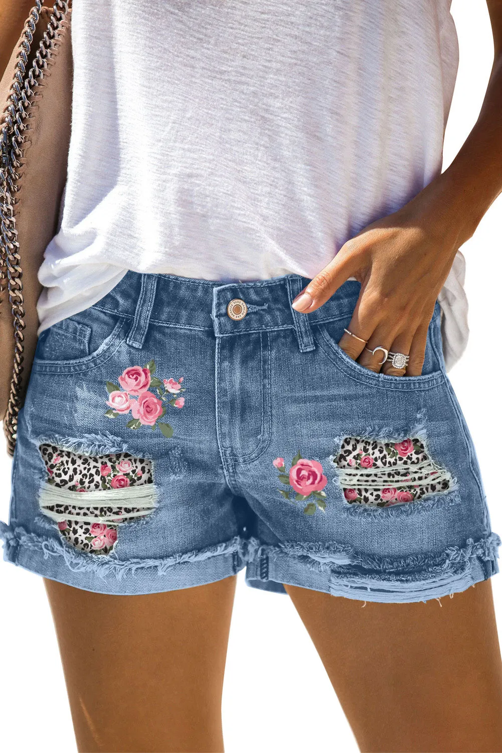 Floral Leopard Print Patchwork Distressed Denim Shorts