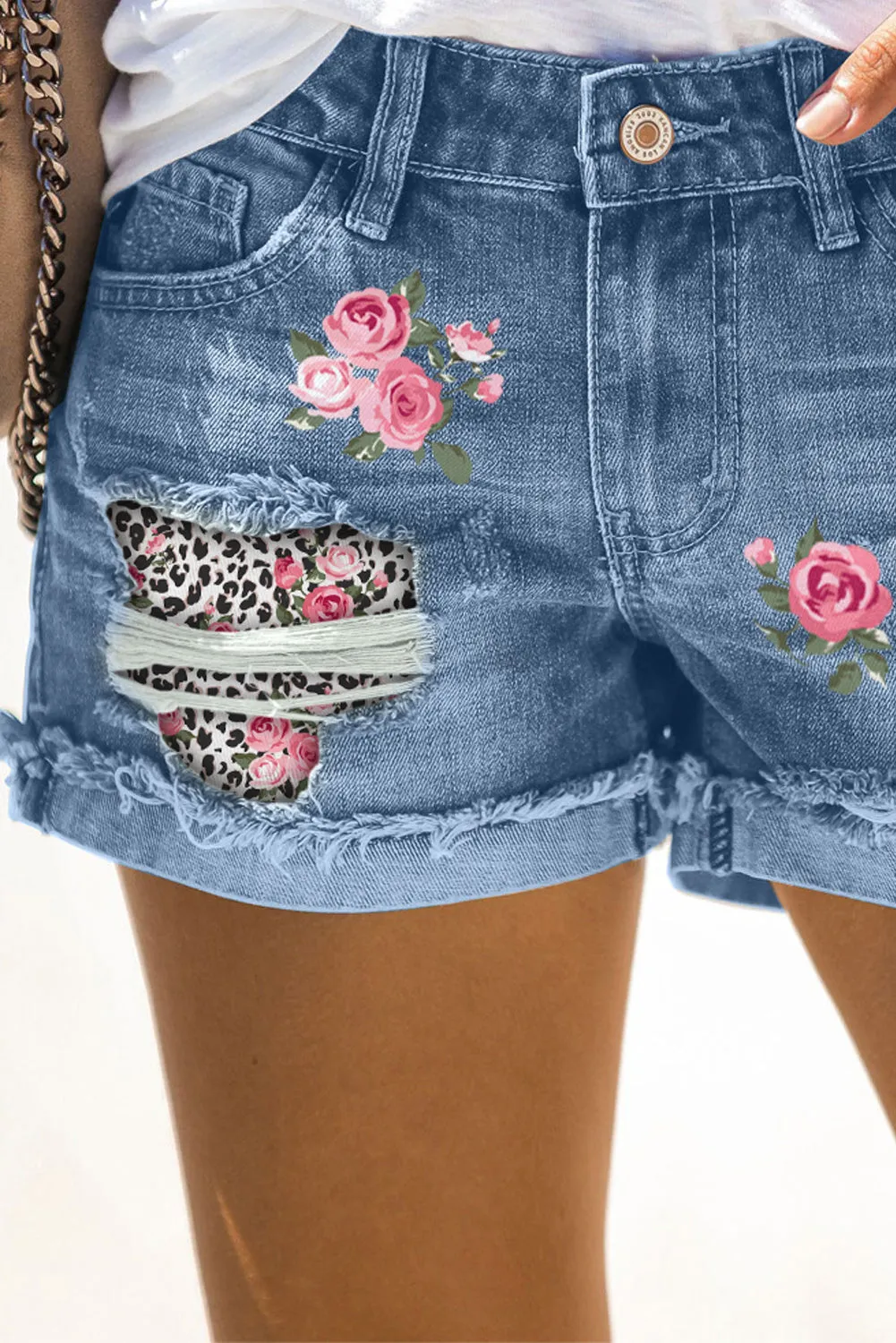 Floral Leopard Print Patchwork Distressed Denim Shorts