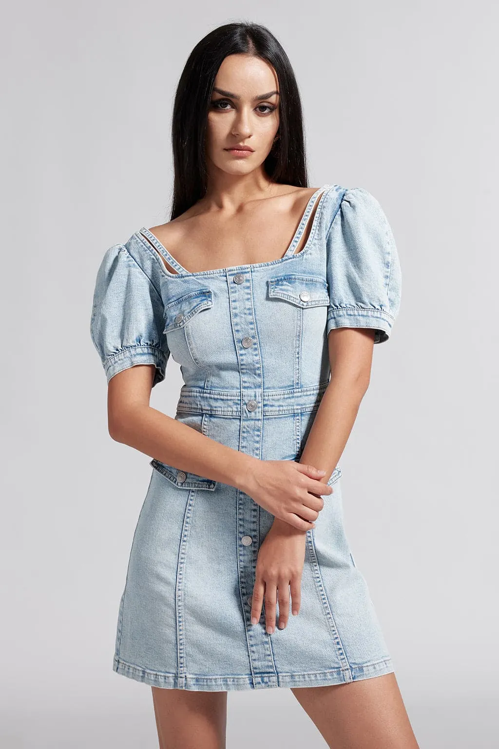 French Style-Square Neck Denim Dress