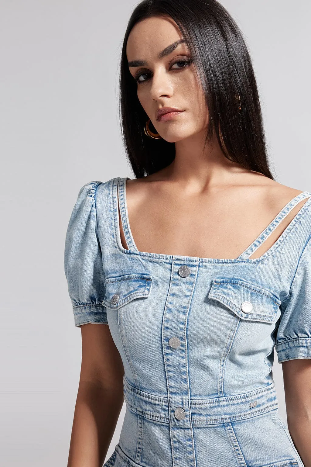 French Style-Square Neck Denim Dress