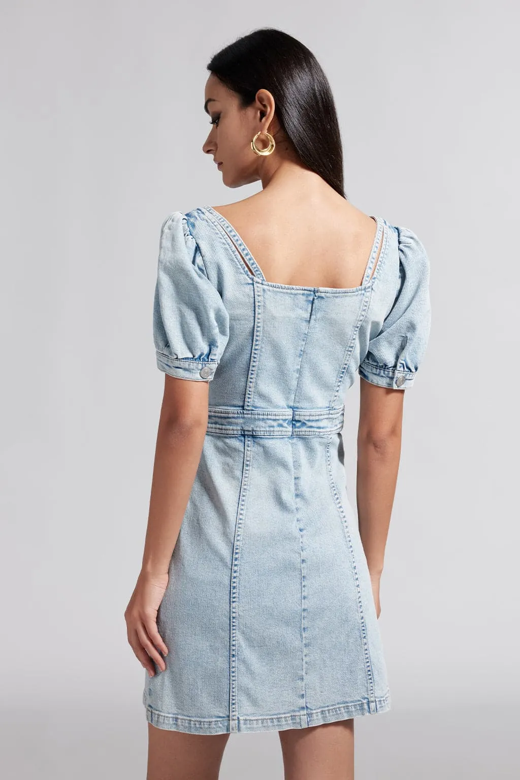 French Style-Square Neck Denim Dress