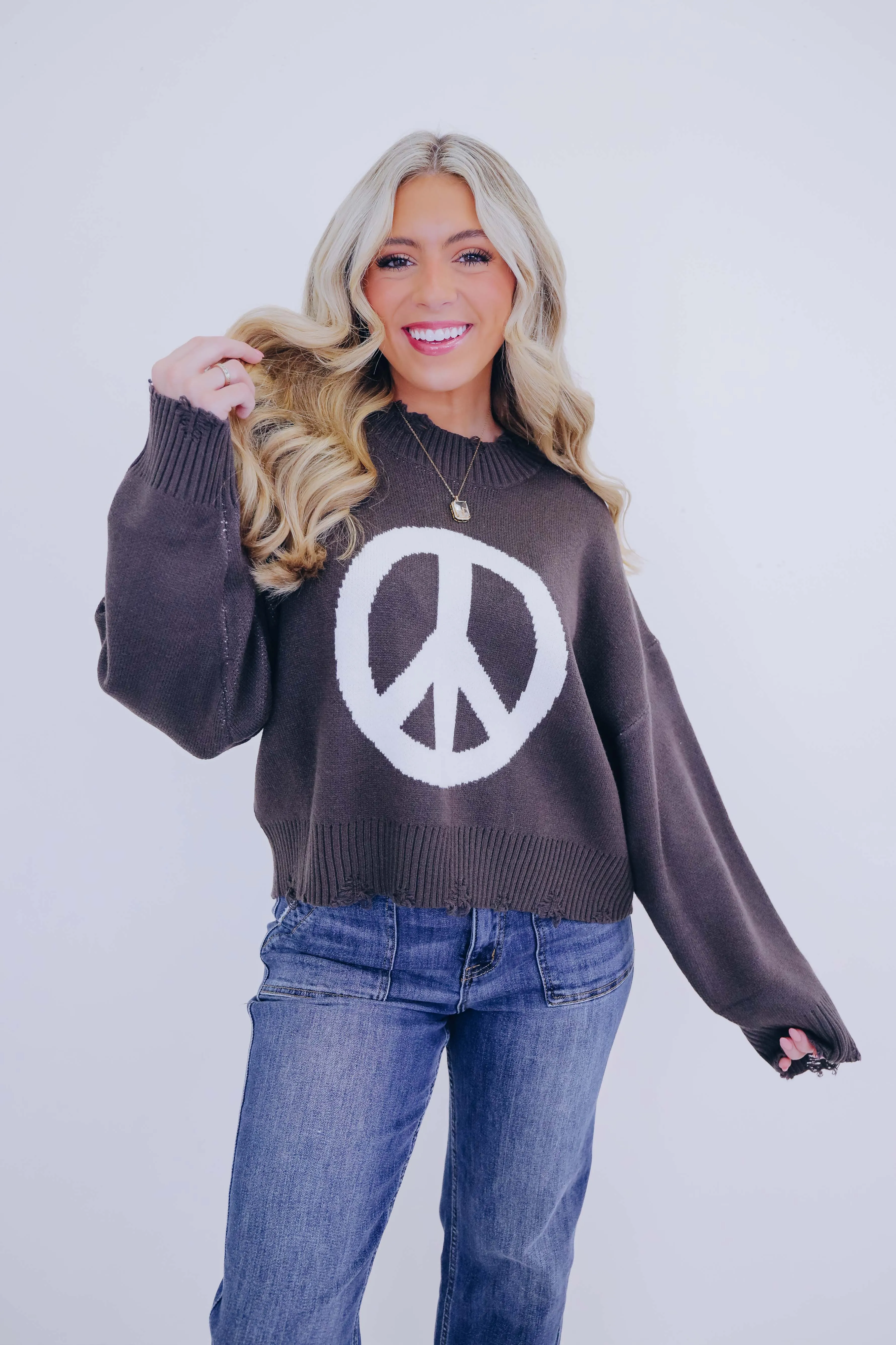 Good Vibes Distressed Peace Sign Sweater- 4 Colors