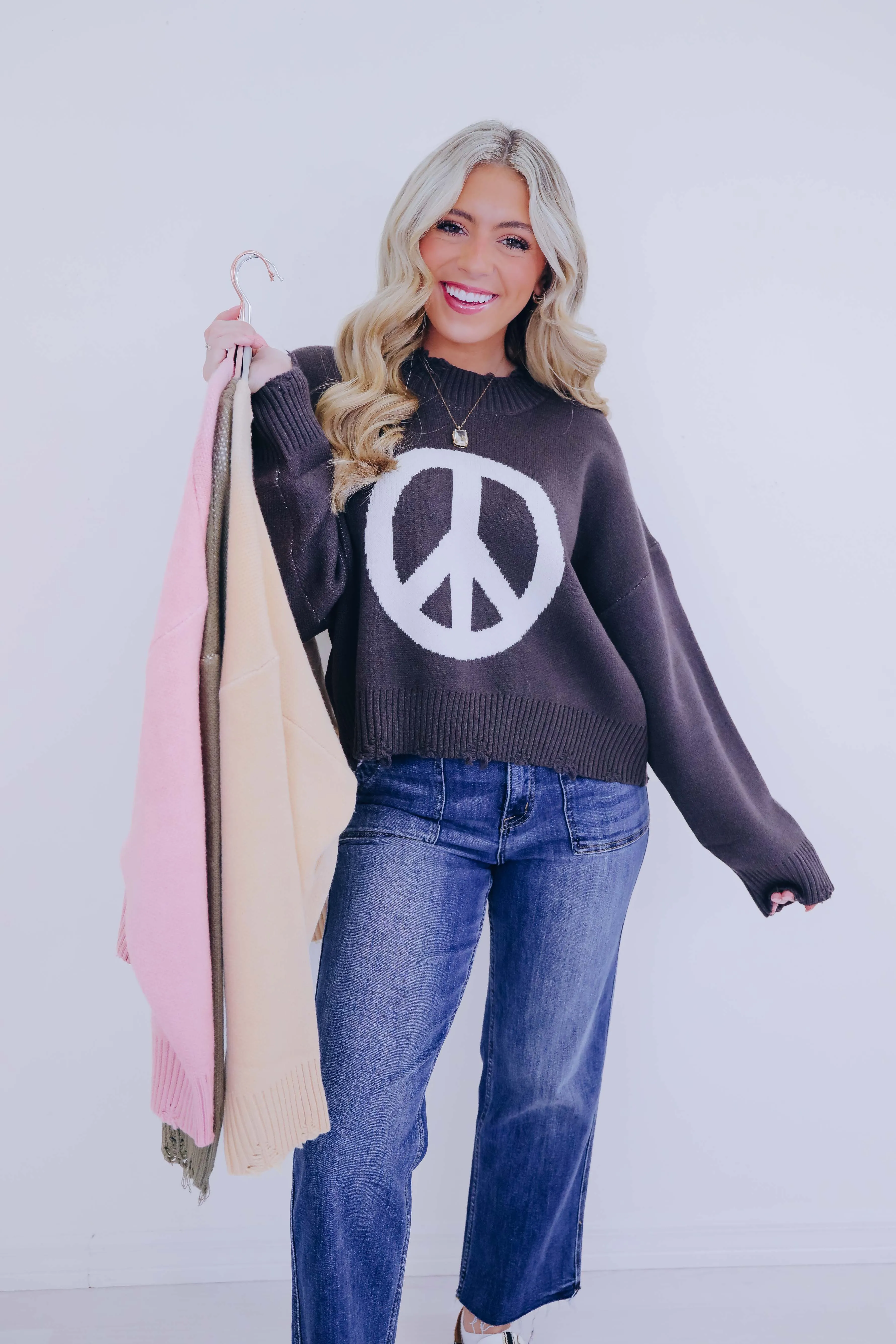 Good Vibes Distressed Peace Sign Sweater- 4 Colors