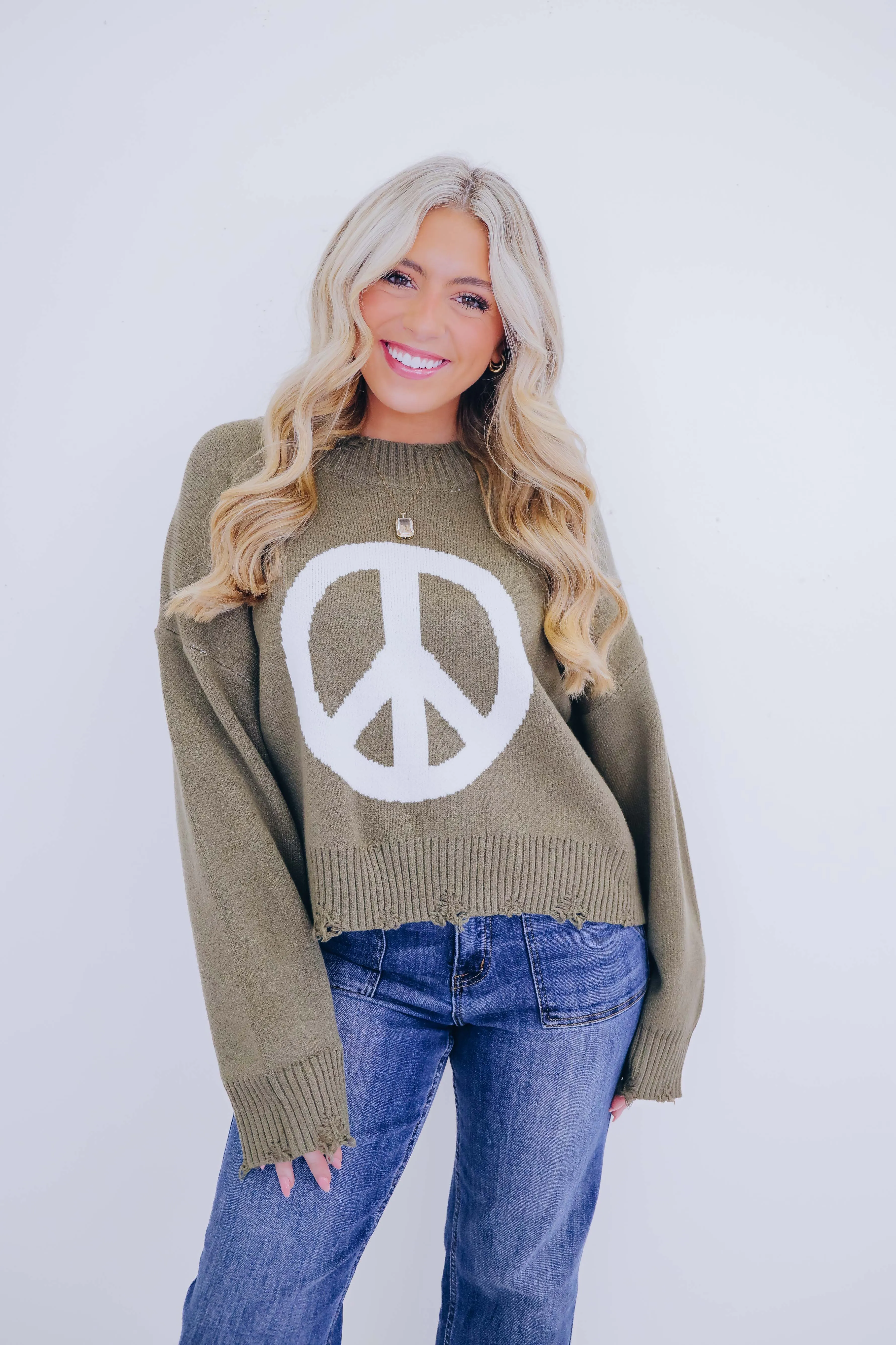 Good Vibes Distressed Peace Sign Sweater- 4 Colors