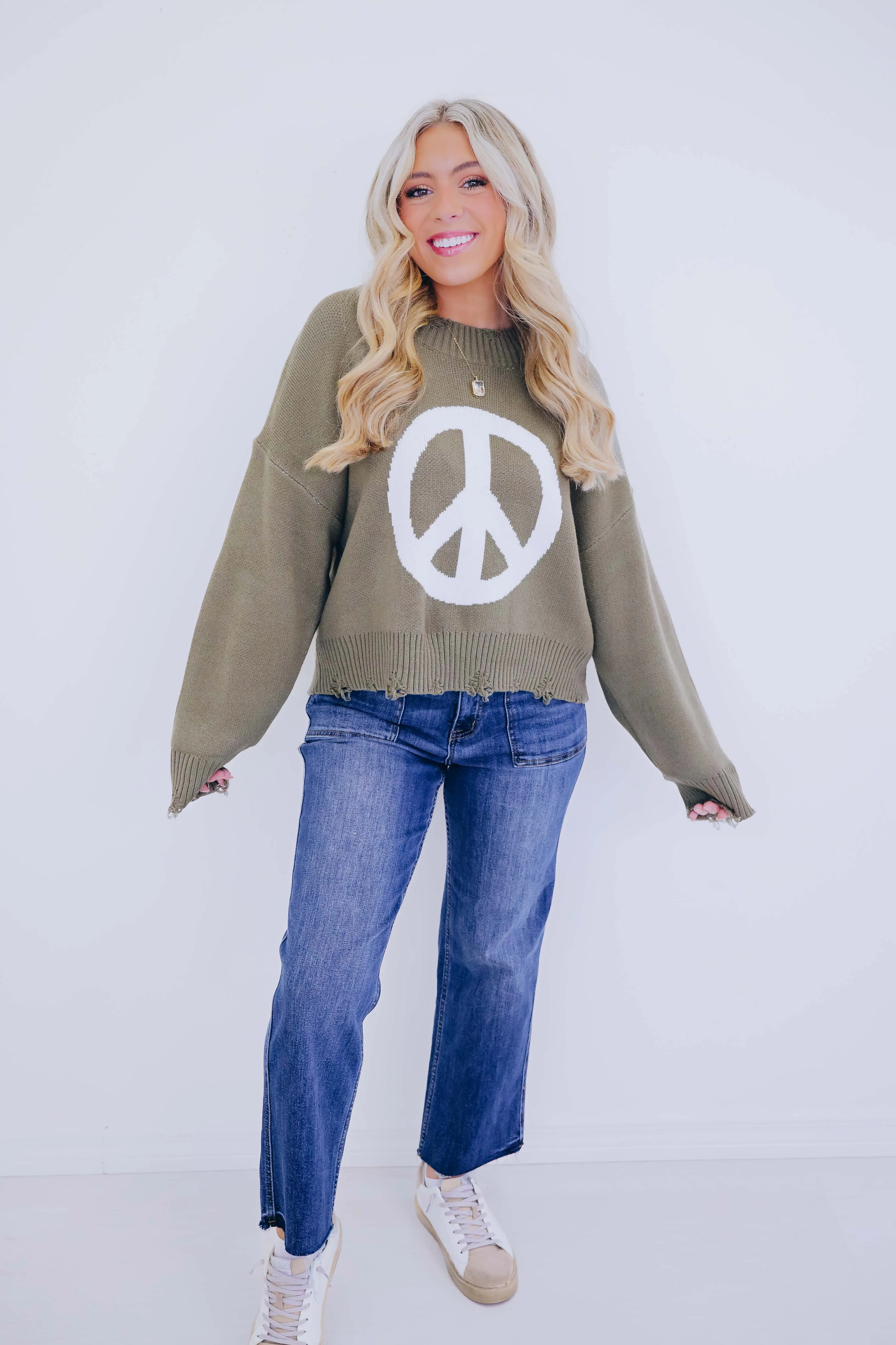 Good Vibes Distressed Peace Sign Sweater- 4 Colors