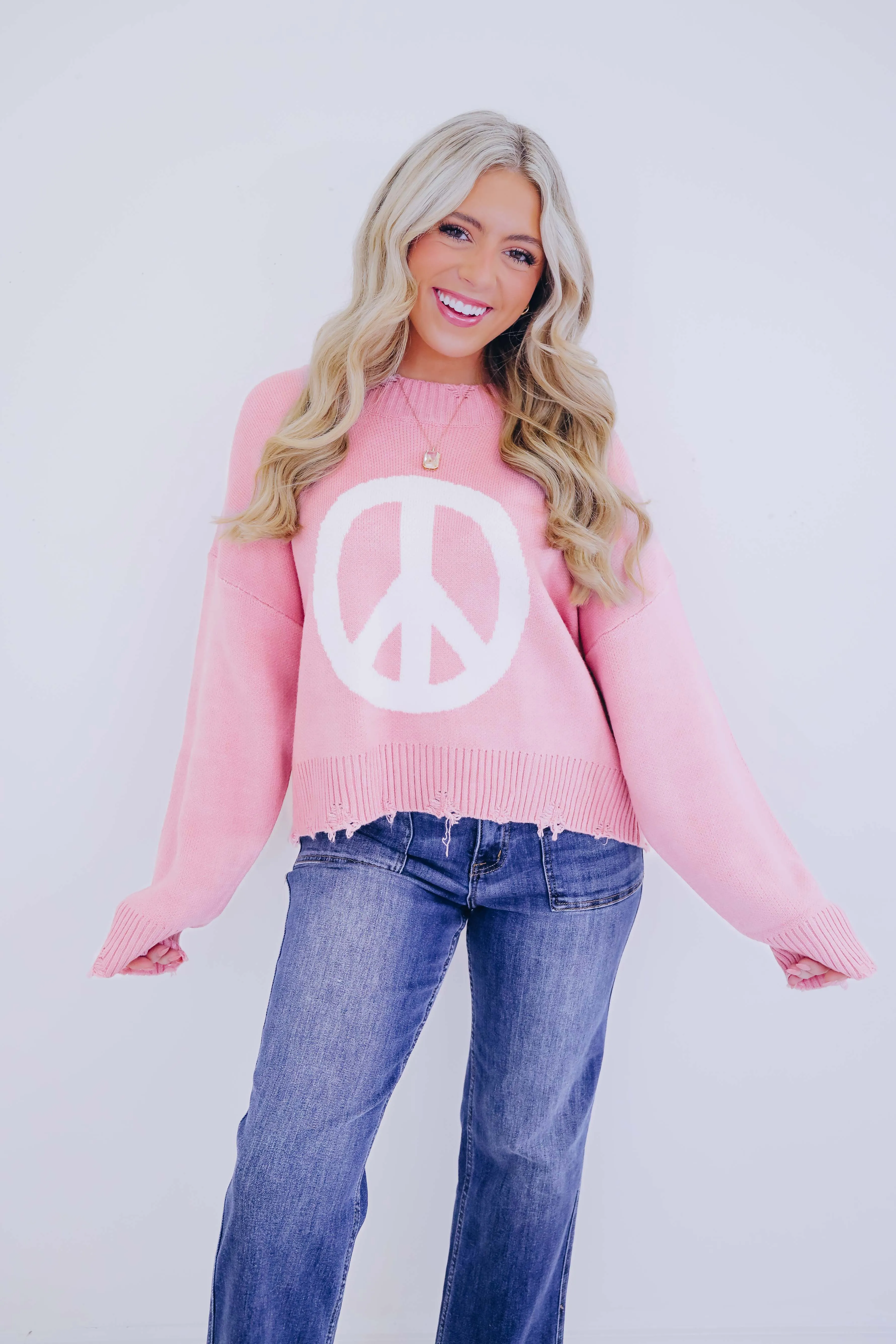 Good Vibes Distressed Peace Sign Sweater- 4 Colors