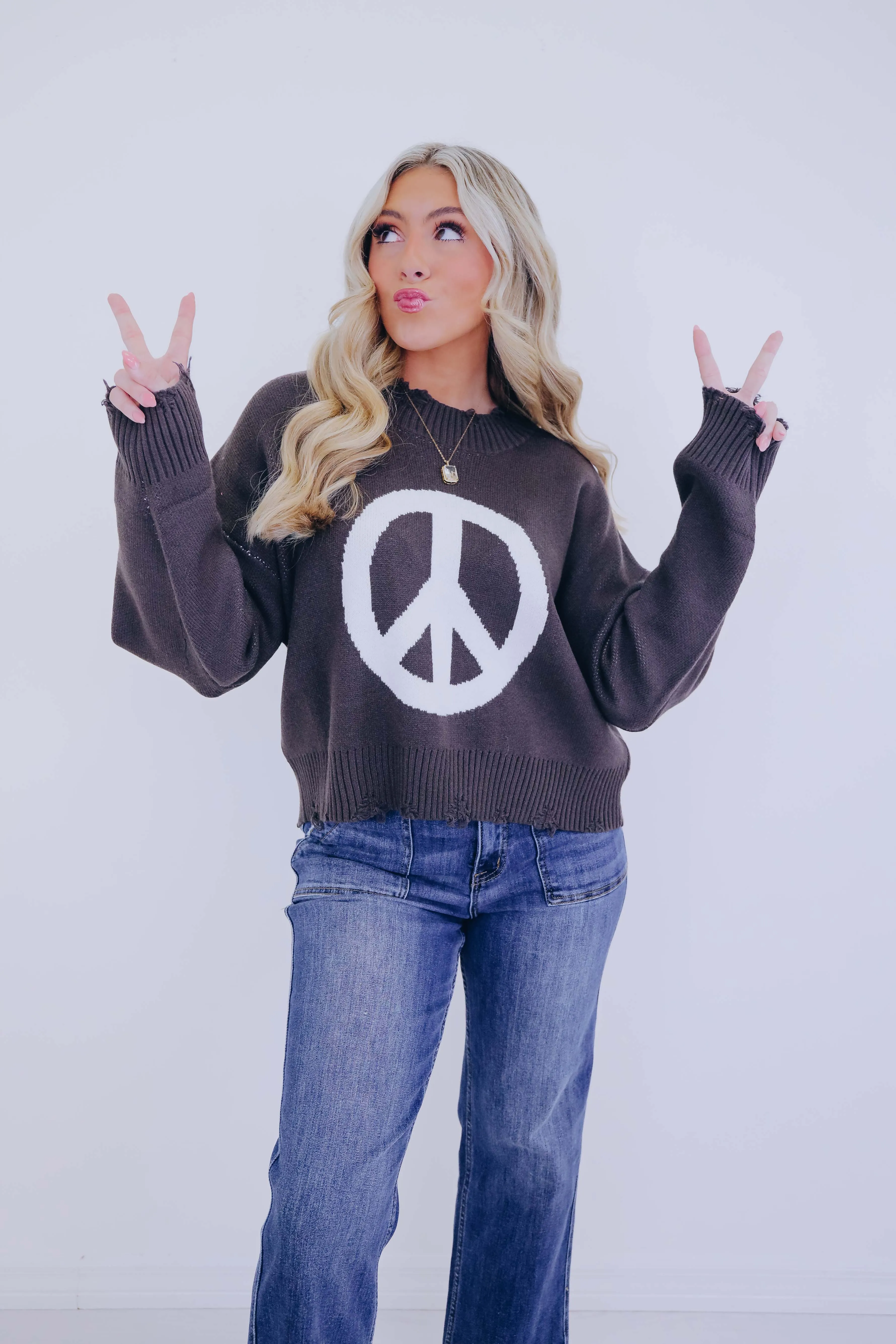 Good Vibes Distressed Peace Sign Sweater- 4 Colors