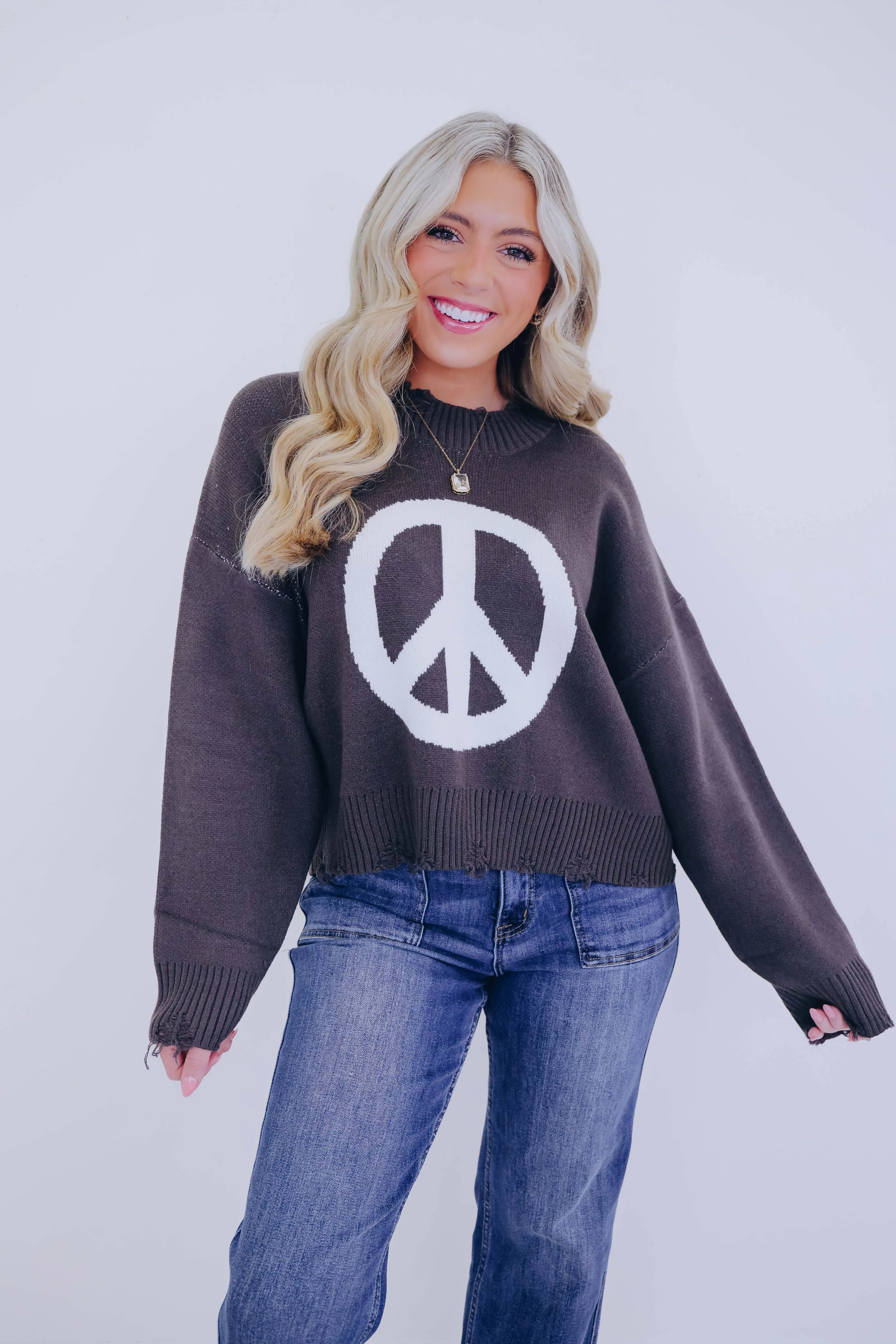 Good Vibes Distressed Peace Sign Sweater- 4 Colors