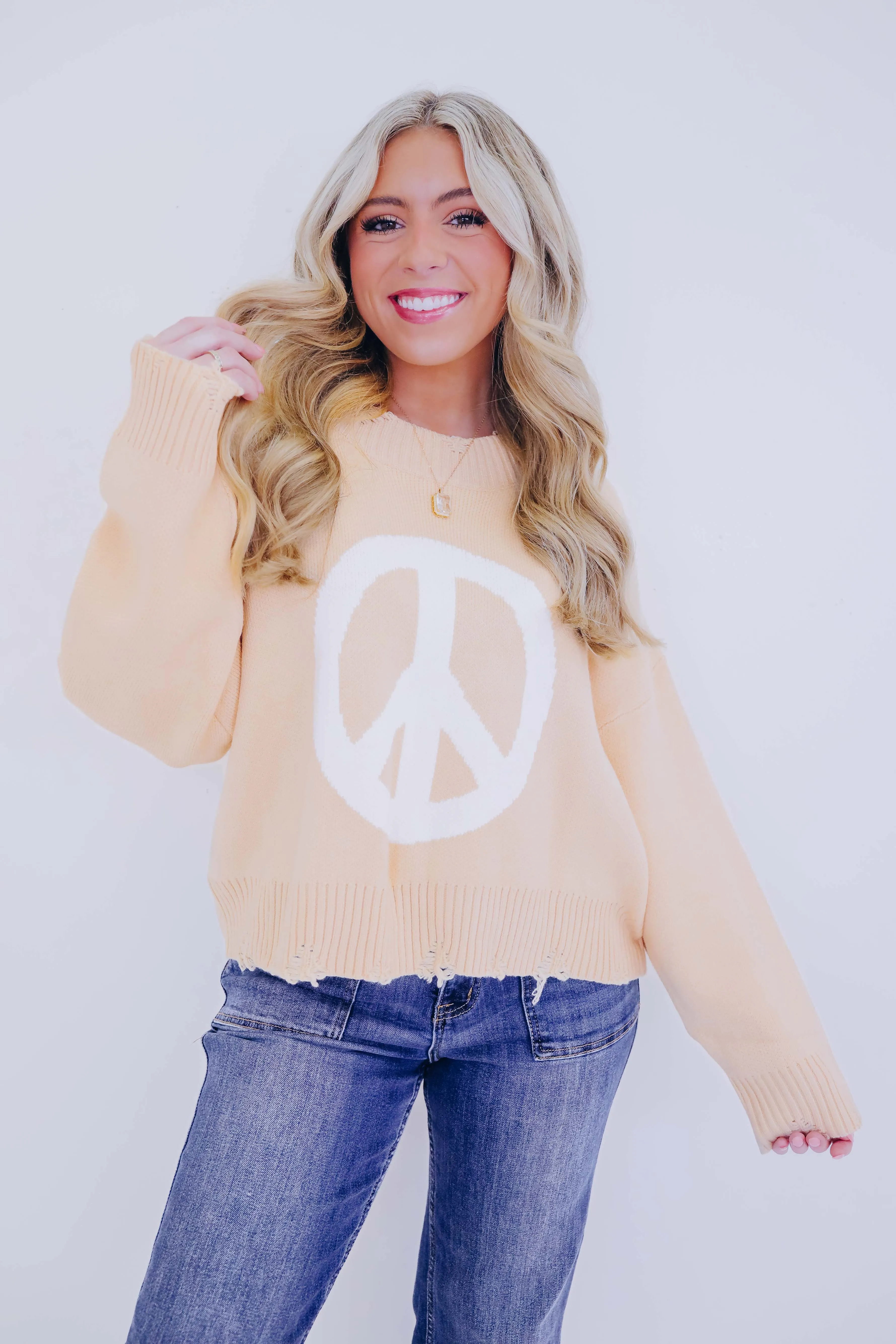 Good Vibes Distressed Peace Sign Sweater- 4 Colors