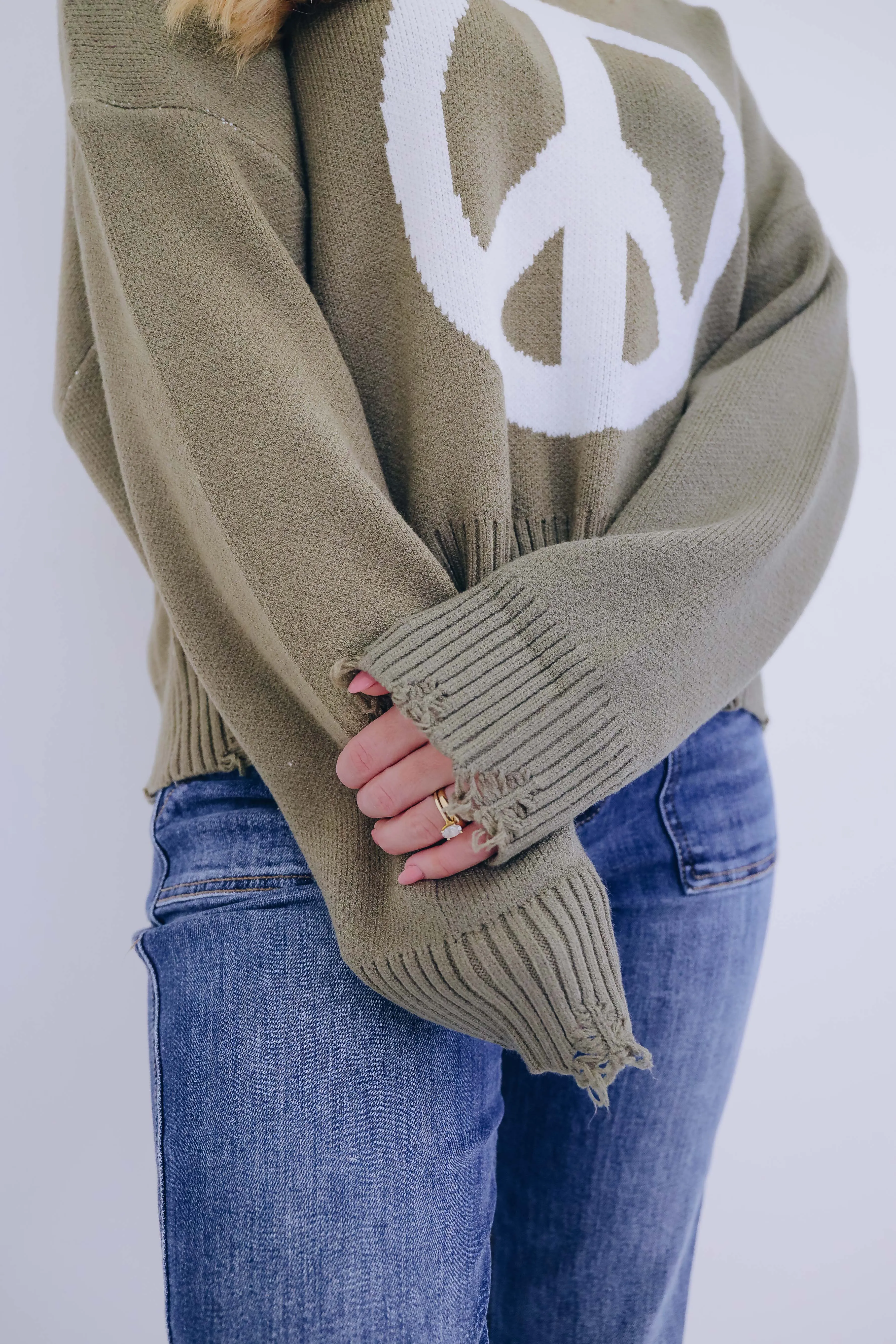 Good Vibes Distressed Peace Sign Sweater- 4 Colors