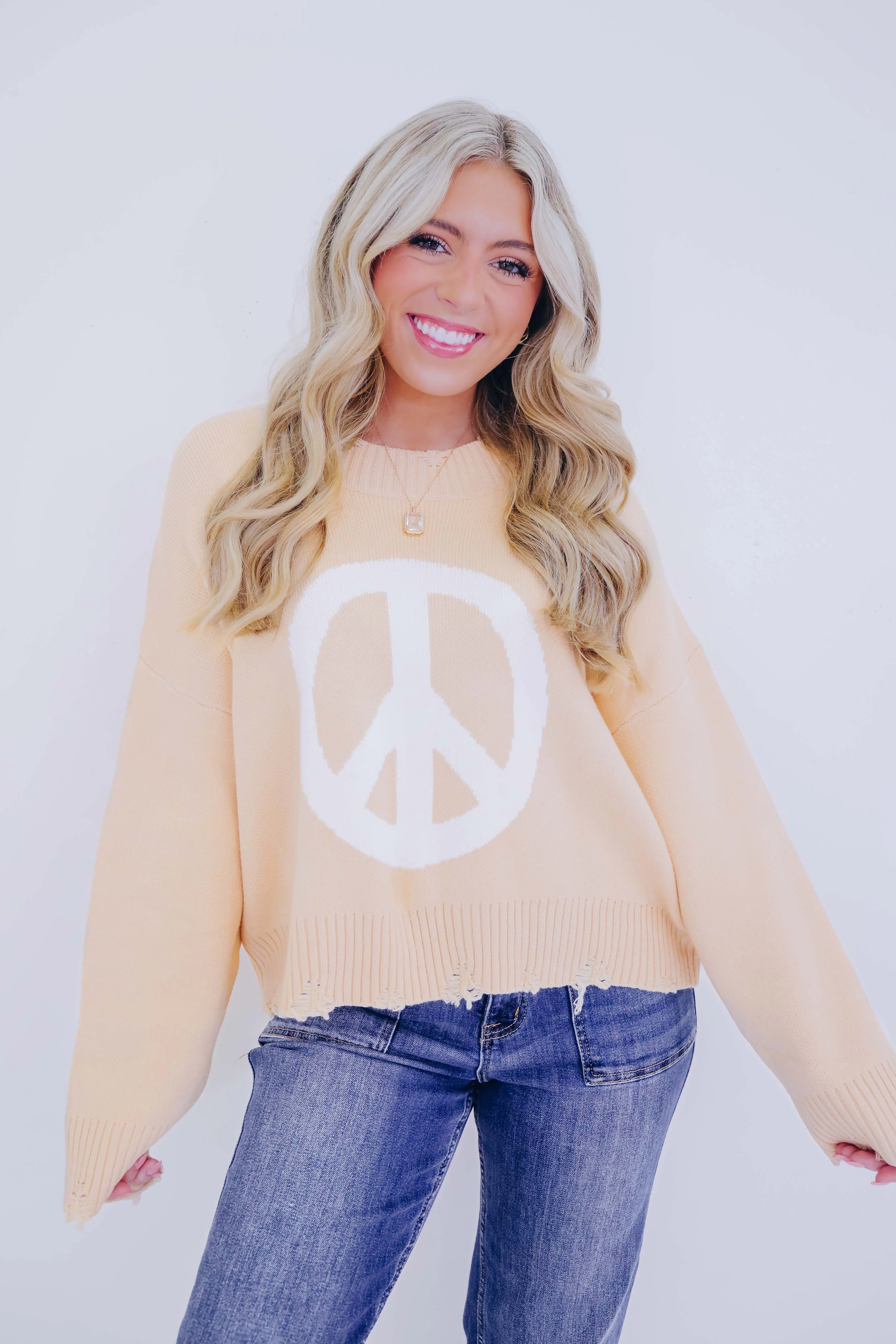 Good Vibes Distressed Peace Sign Sweater- 4 Colors