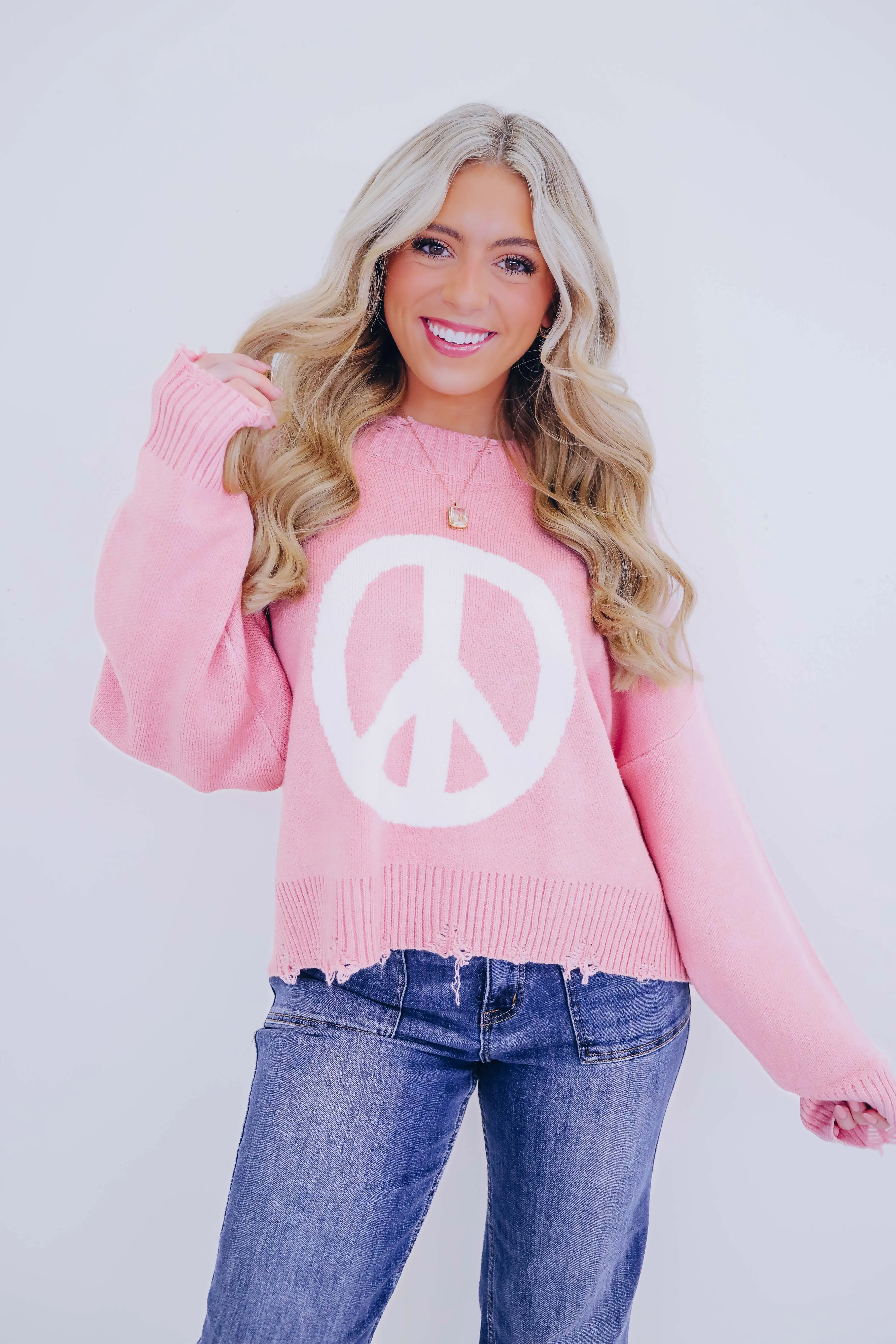 Good Vibes Distressed Peace Sign Sweater- 4 Colors