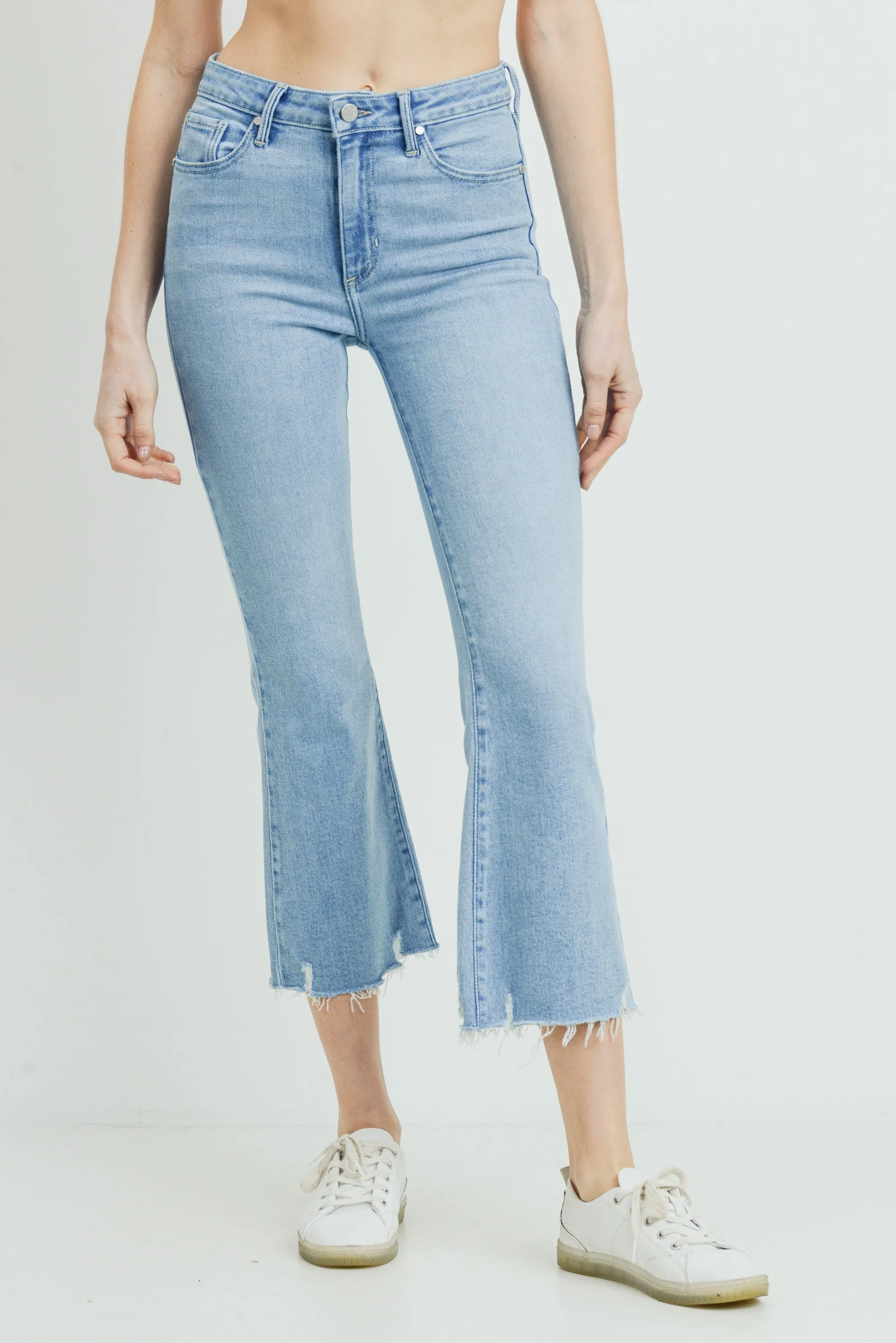 High Rise Crop Flare Distressed Hem in Light Denim