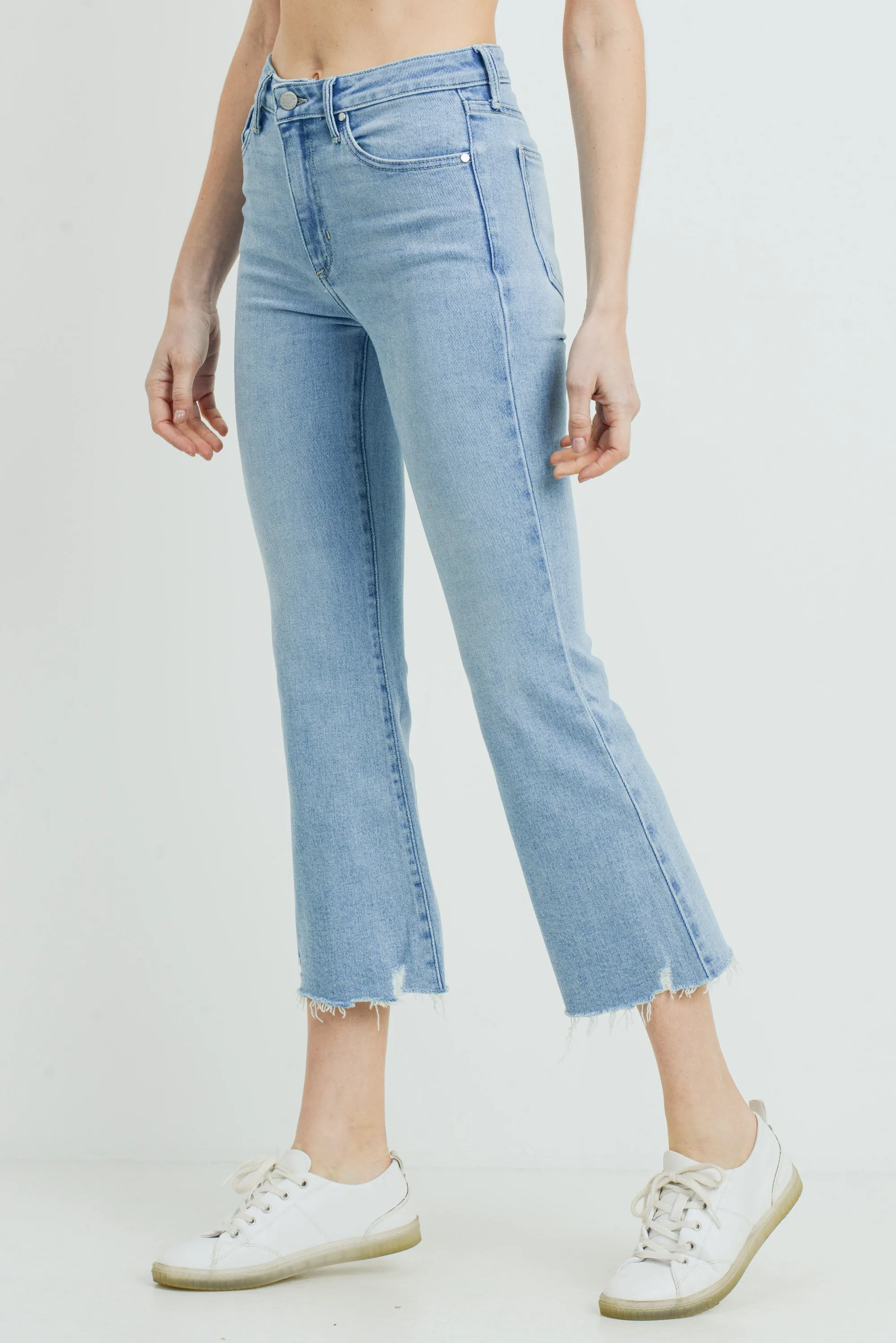 High Rise Crop Flare Distressed Hem in Light Denim