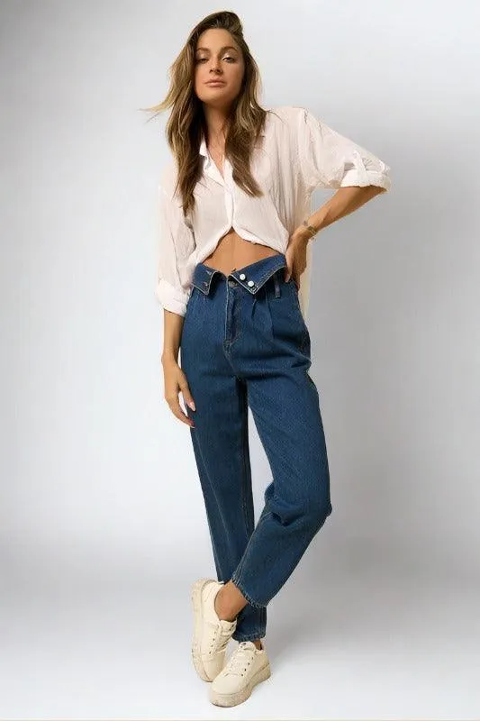 High Rise Flap Waist Relaxed  Cropped Jeans