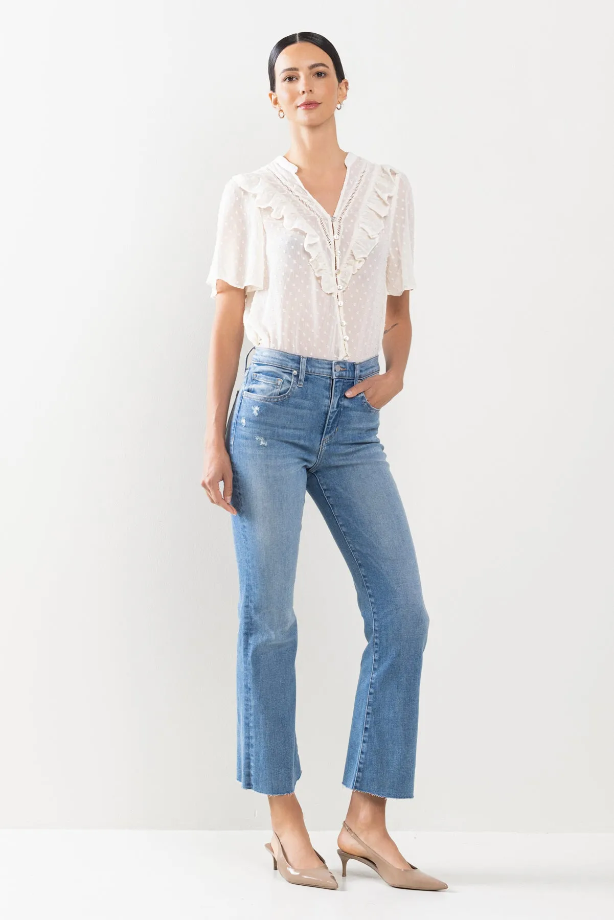 HIGH RISE KICK FLARE JEANS IN MEDIUM WITH RAW CUT HEM   /  SP-P11819M