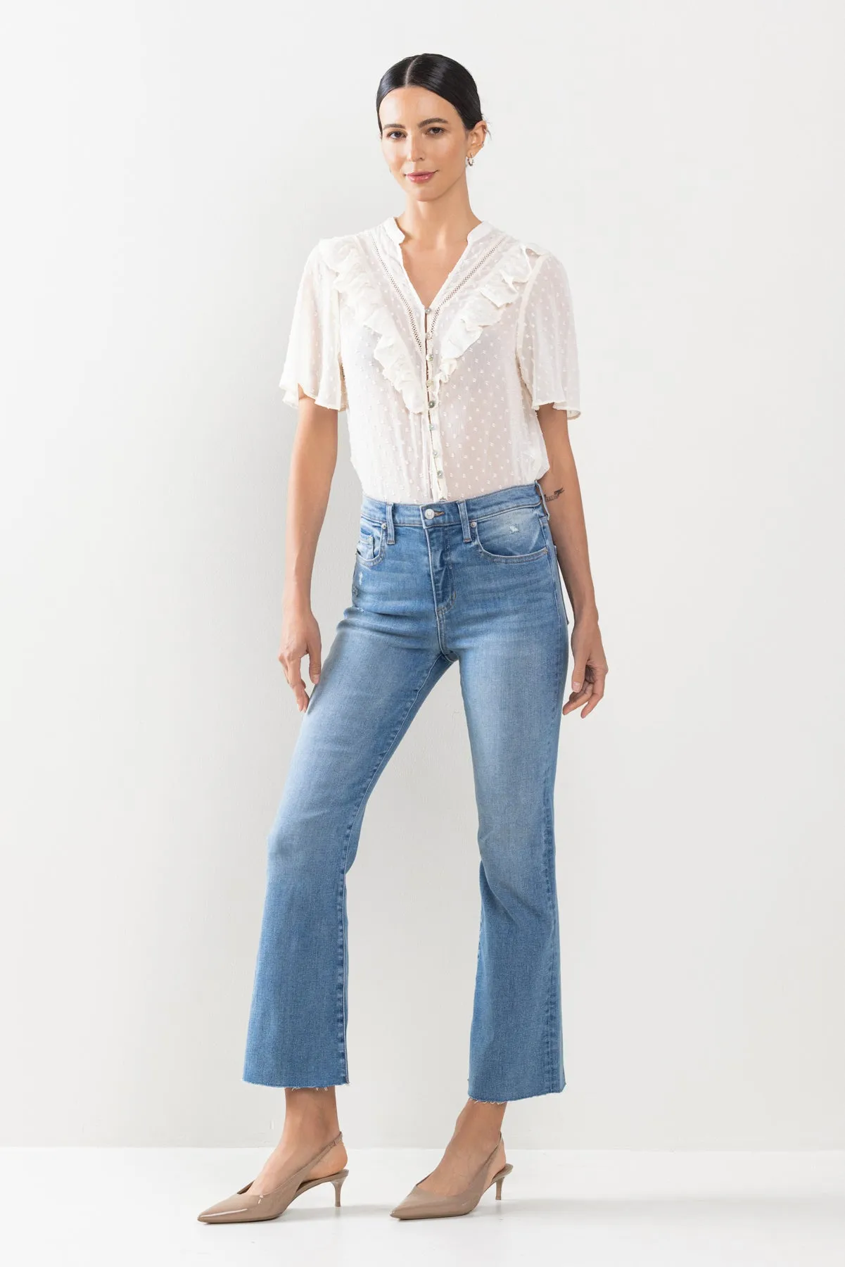 HIGH RISE KICK FLARE JEANS IN MEDIUM WITH RAW CUT HEM   /  SP-P11819M